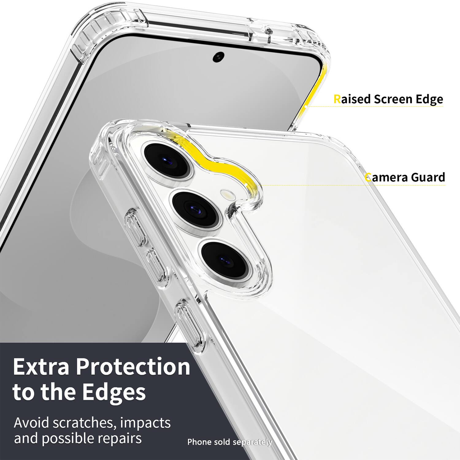 Raised Screen Edge  
Camera Guard  

Extra Protection to the Edges  
Avoid scratches, impacts and possible repairs  

Phone sold separately