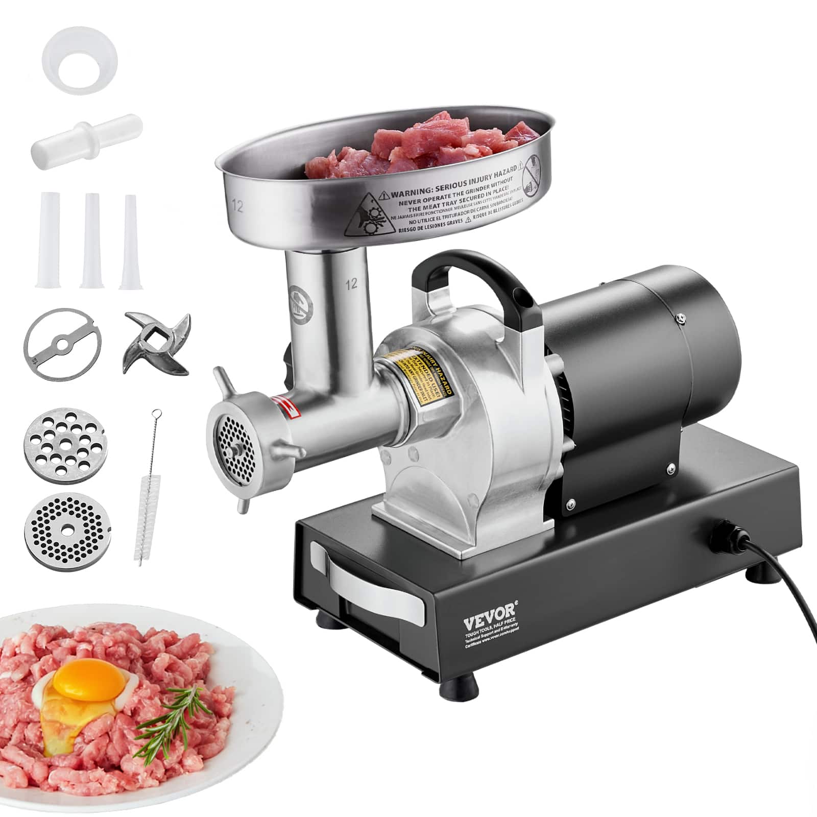 VEVOR - Meat Grinder, 9 Lbs/Min Capacity Stainless Steel Electric Meat Grinders with Blade, Grinding Plate, Sausage Maker - Silver