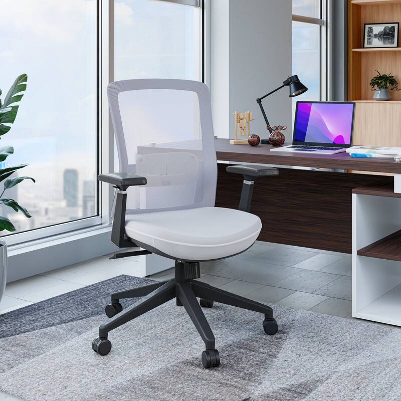 Angle. LeisureMod - Ingram Mesh Office Desk Chair with Lumbar Support, Adjustable Arms & Swivel - White / White.