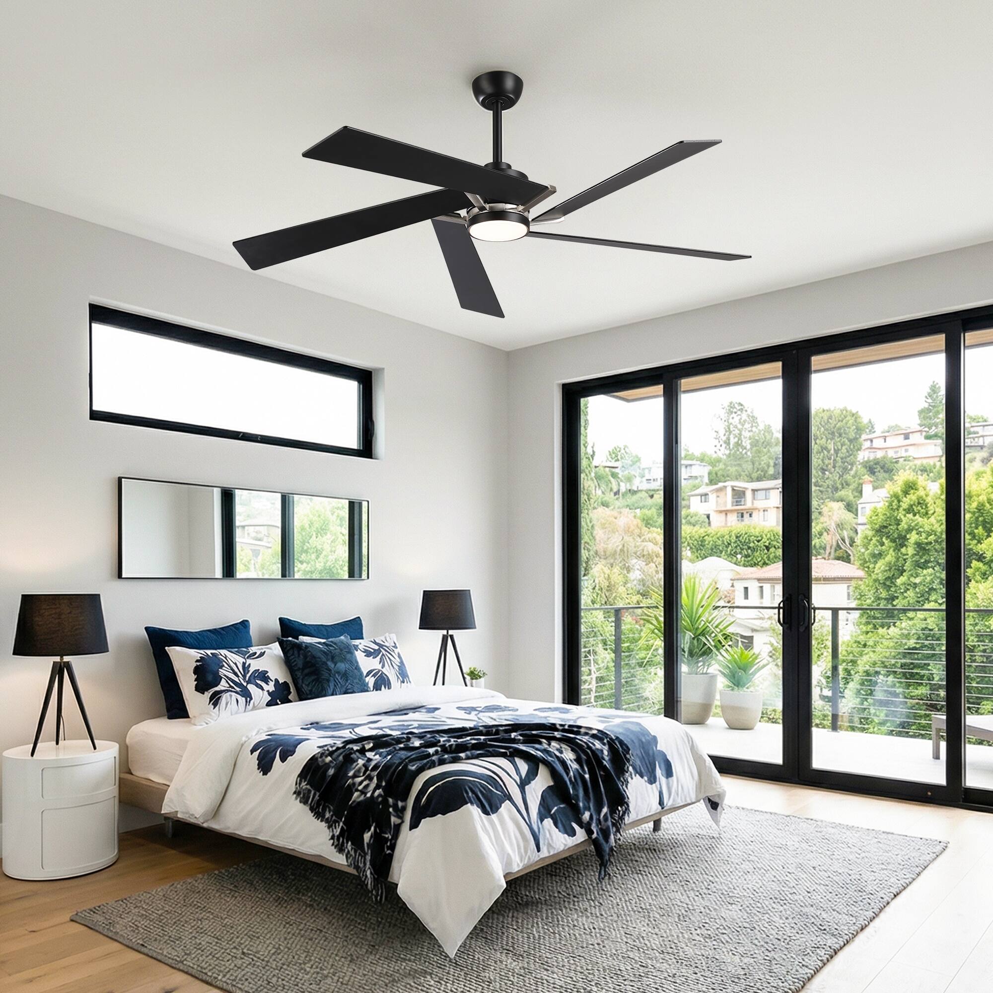 Left. Parrot Uncle - 60" Modern Black LED Ceiling Fan with Remote Control and Reverible Blades - Black.
