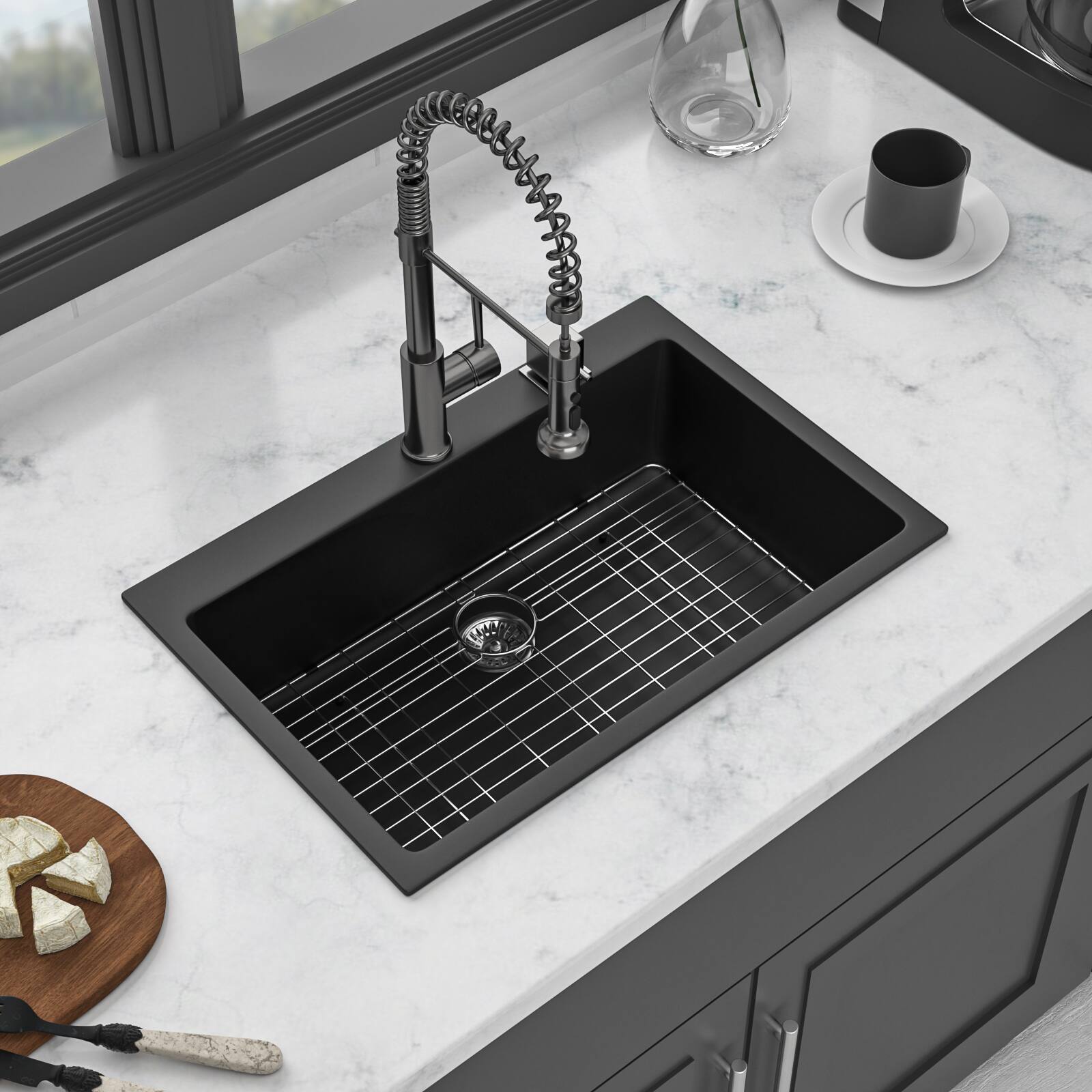Back. Siljoy - Quartz Kitchen Sink - 33" x 22" x 9.65" Black granite composite Drop in kitchen sink - Black.
