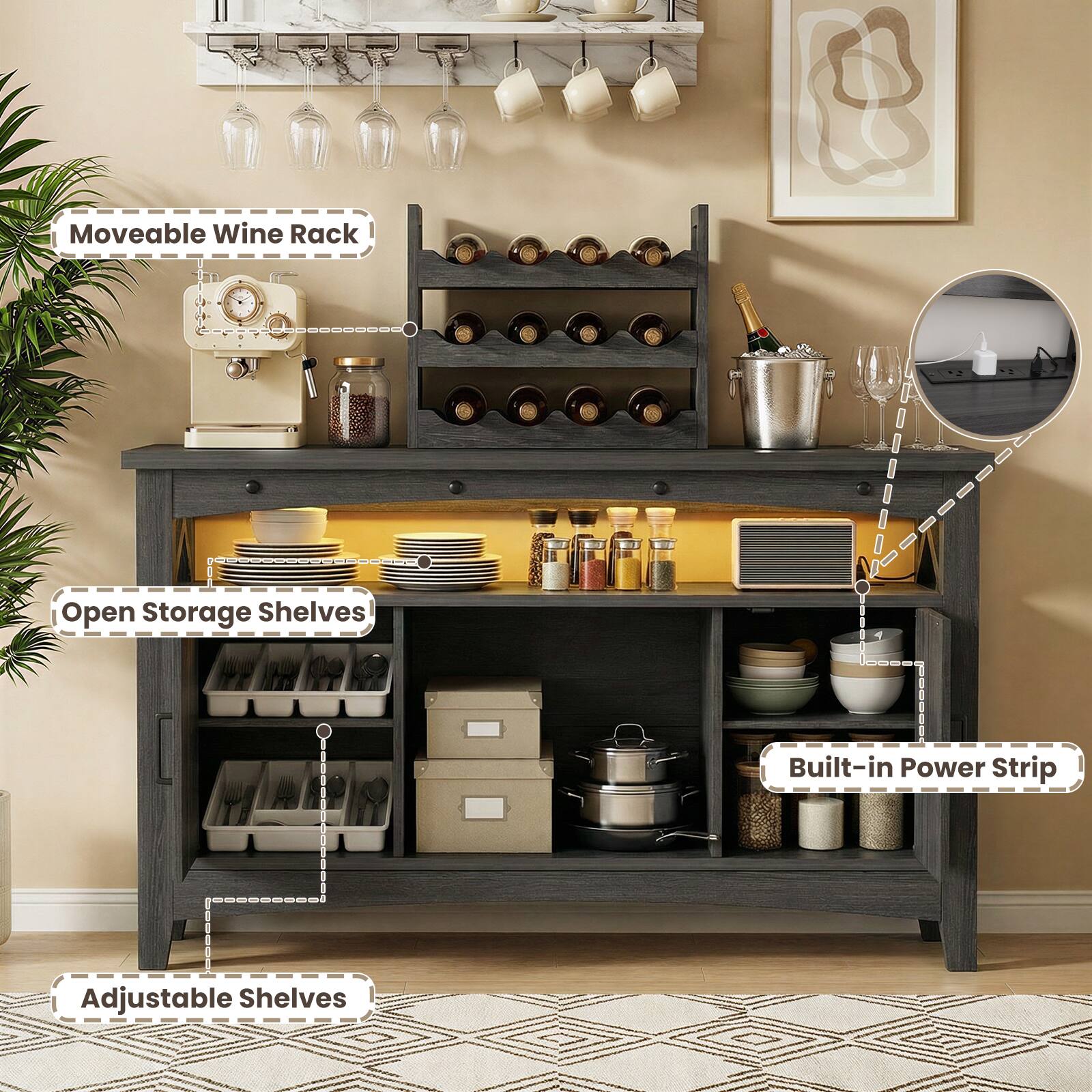 Moveable Wine Rack  
Open Storage Shelves  
Built-in Power Strip  
Adjustable Shelves