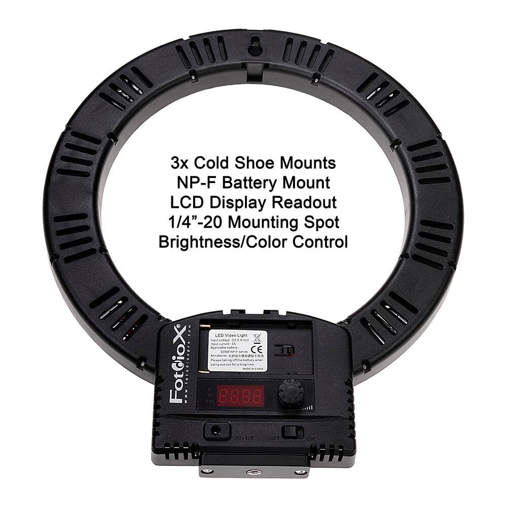 3x Cold Shoe Mounts  
NP-F Battery Mount  
LCD Display Readout  
1/4"-20 Mounting Spot  
Brightness/Color Control  

LED Video Light  
Fot@ioX  
8.8.8.8  
DO-12 ON