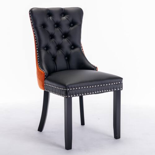Angle. LUCKY ONE - Assembled Tufted PU Velvet Dining Chair Set of 2 with Wood Legs Nailhead Trim High Back - Black PU.