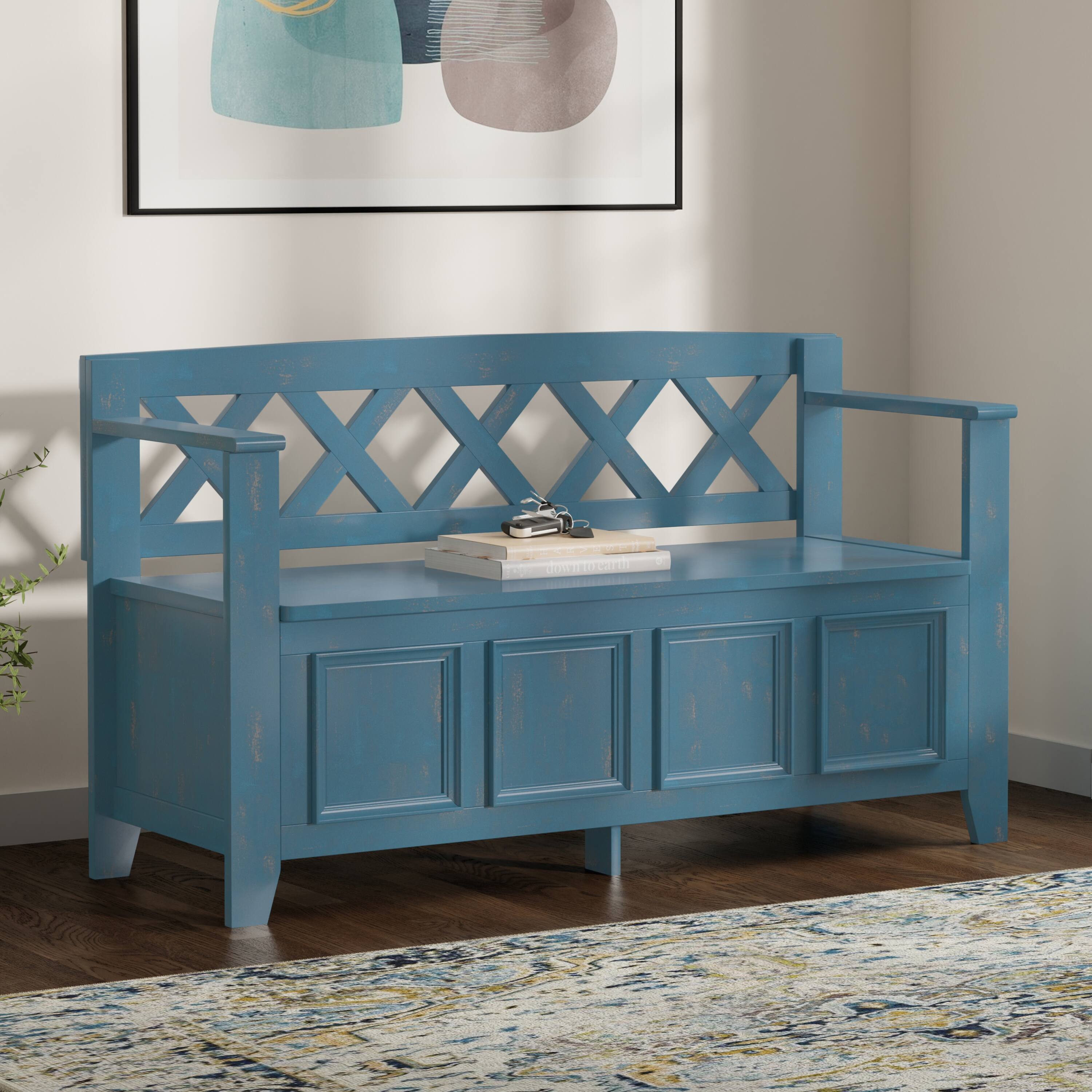 Angle. Simpli Home - Amherst 48 inch Wide Solid Wood Transitional Entryway Bench in Distressed Coastal Blue - Distressed Coastal Blue.