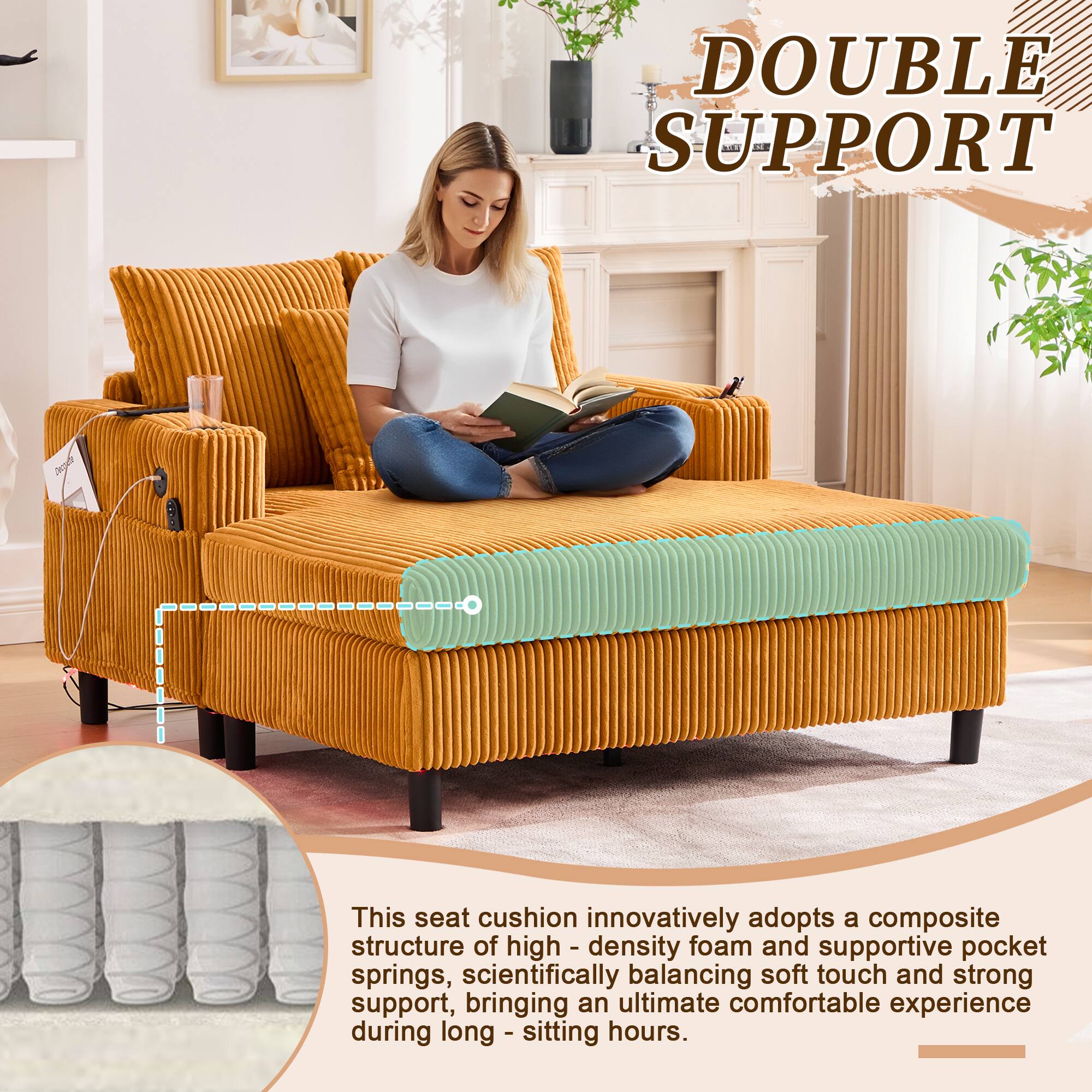 DOUBLE SUPPORT

This seat cushion innovatively adopts a composite structure of high-density foam and supportive pocket springs, scientifically balancing soft touch and strong support, bringing an ultimate comfortable experience during long-sitting hours.