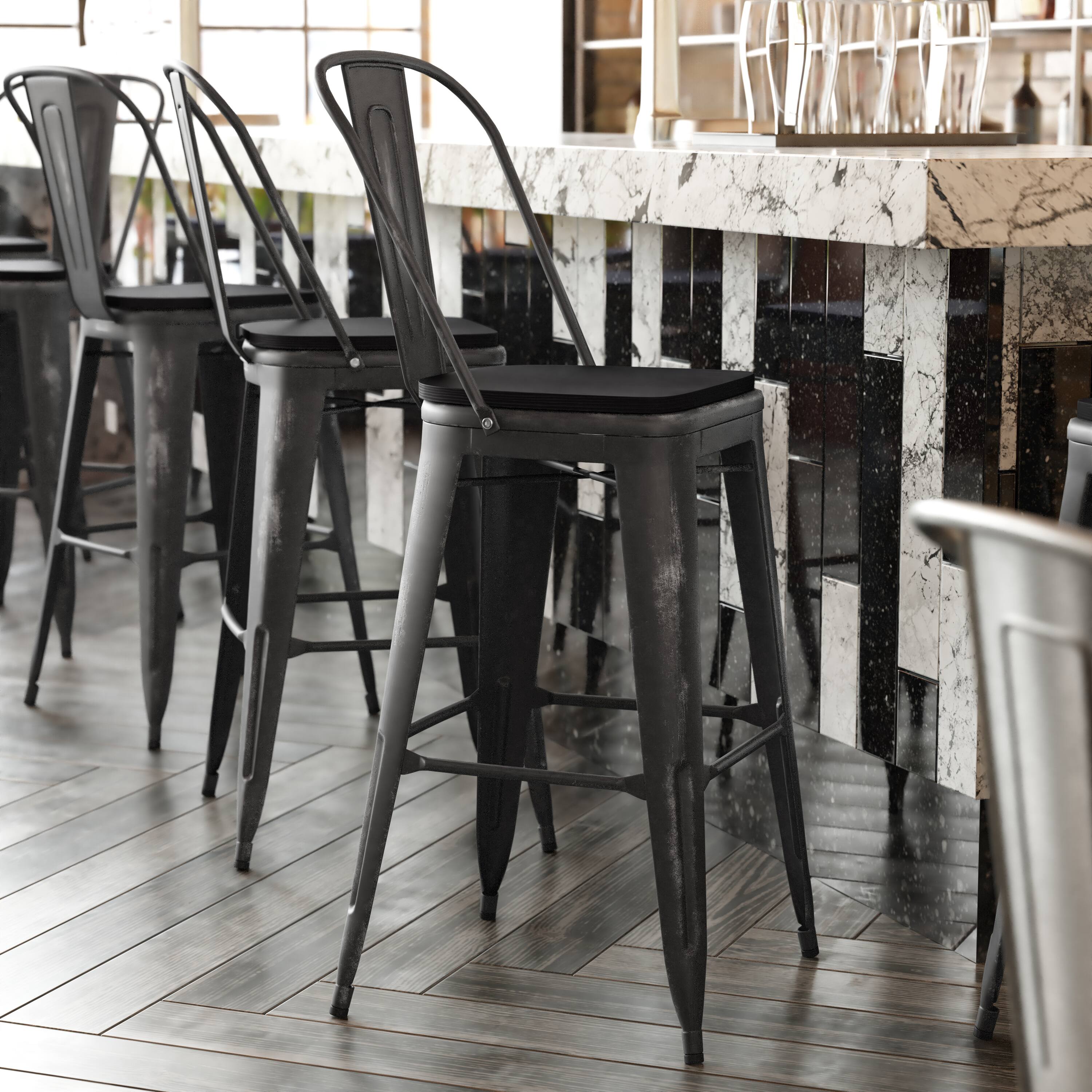 Alt View 1. Emma + Oliver - Nova Distressed Metal Stools with Backs and Polystyrene Seats for Indoor/Outdoor Use - Black Seat/Black Frame.