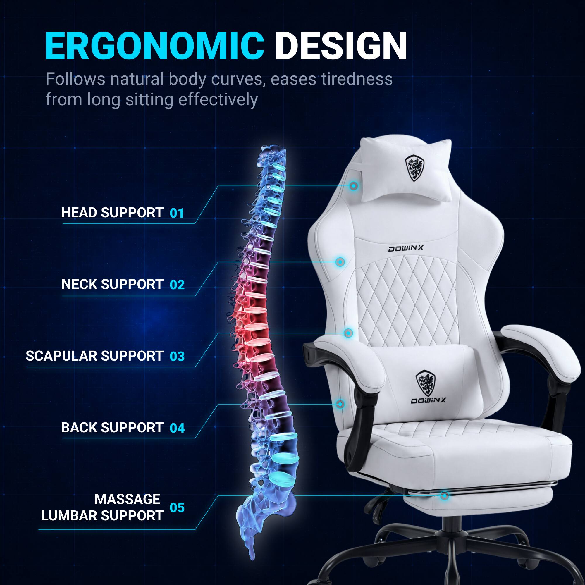 ERGONOMIC DESIGN  
Follows natural body curves, eases tiredness from long sitting effectively  

HEAD SUPPORT 01  
NECK SUPPORT 02  
SCAPULAR SUPPORT 03  
BACK SUPPORT 04  
MASSAGE LUMBAR SUPPORT 05
