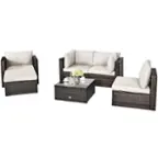 Front. Costway - 6PCS Patio Rattan Furniture Set Cushion Sofa Coffee Table Ottoman - White.