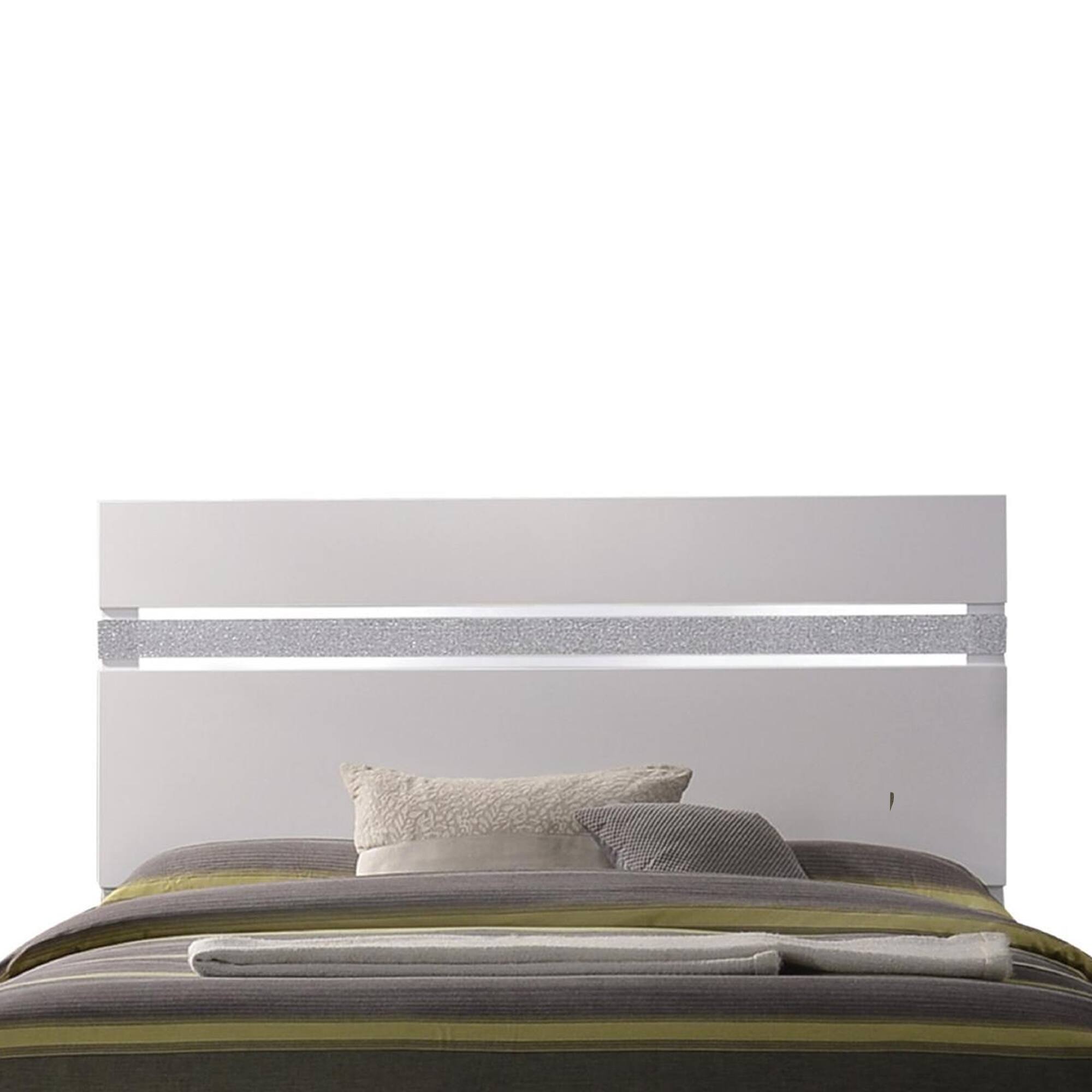 Alt View 2. Manhattan Lane - Wooden queen size bed with block legs and Crystal Accented Headboard, White - White.