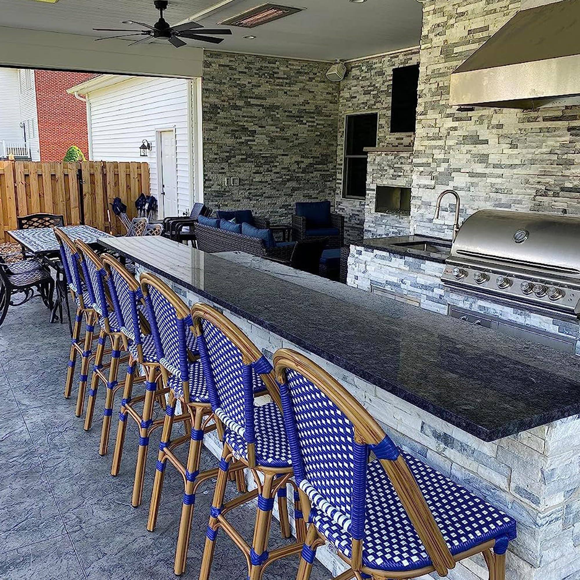 Alt View 1. PURPLE LEAF - French Counter Height Bar Stool Set of 2 Patio Bar Chairs with Back Rattan Bar Chairs French Bistro Set - Bamboo Pattern/Royal Blue-Counter Stool.