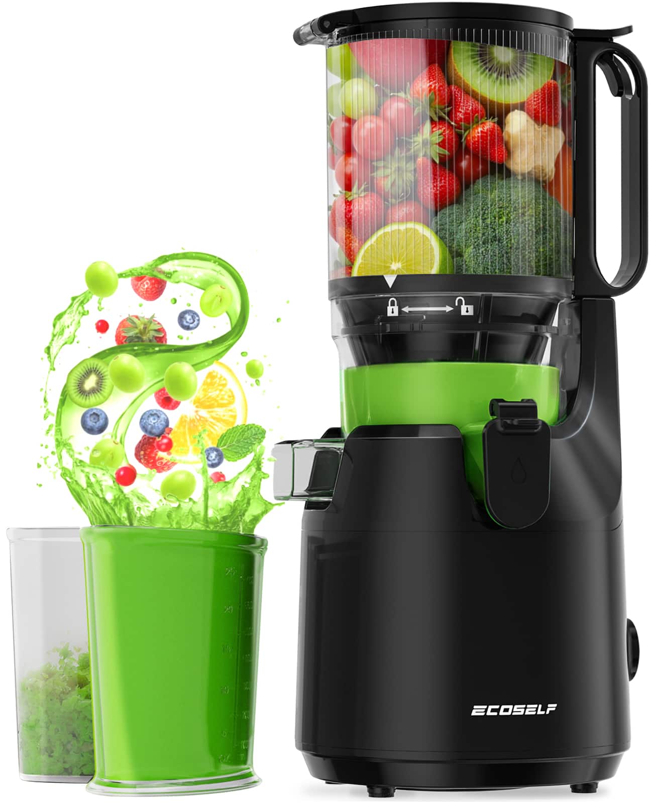 Front. Ecoself - Cold Press Juicer,Ecoself Juicer Machines, 5.3“ Extra Large Feed Chute for Whole Fruits & Vegetables - black.