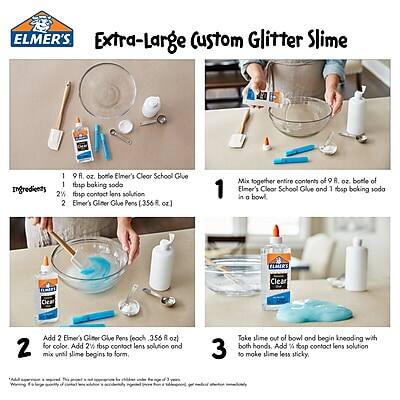 **Extra-Large Custom Glitter Slime**

**Ingredients:**
1. 9 oz. bottle Elmer's Clear School Glue
2. 1 tbsp baking soda
3. 2 Elmer's Glitter Glue Pens (356R oz)
4. 2% contact lens solution

**Instructions:**

1. Mix together entire contents of 9 oz. bottle of Elmer's Clear School Glue and 1 tbsp baking soda in a bowl.
2. Add 2 Elmer's Glitter Glue Pens (each 356R oz) for color and mix until slime begins to form.
3. Take slime out of bowl and begin kneading with both hands. Add 2% tbsp contact lens solution and mix until slime begins to form. Add ½ tbsp contact lens solution to make slime less sticky.

*Note: Add more contact lens solution for color. Add 2% tbsp contact lens solution and mix until slime begins to form.*