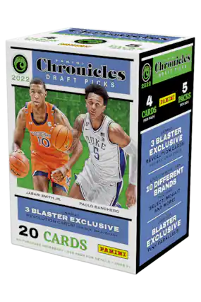 **PANINI Chronicles Draft Picks 2022**
- **5 Packs per Box**
- **4 Cards per Pack**
- **20 Cards per Box**
**Features:**
- **3 Blaster Revolution Exclusive Cards!**
- **10 Different Brands Including Mosaic**
- **3 Blaster Exclusive Parallels!**
- **No Purchase Necessary - See Pack for Details - Ages 9+**
**Unwrap:**
- **3 Blaster Revolution Cards!**
- **Look for More Than Average Parallels!**
- **Look for More Than 10 Different Brands Including Mosaic**
- **Select Paolo Banchero and Jabari Smith Jr.**
**Box Includes:**
- **PANINI Pink Parallels!**