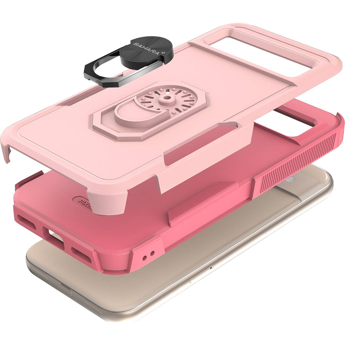 The image features a pink cell phone case with a black cover on top of it. The case is designed to hold a cell phone securely and protect it from damage. The case is stacked on top of another case, showcasing its durability and functionality. The case is a popular choice for those who want to protect their phone while also adding a touch of personal style to their device.