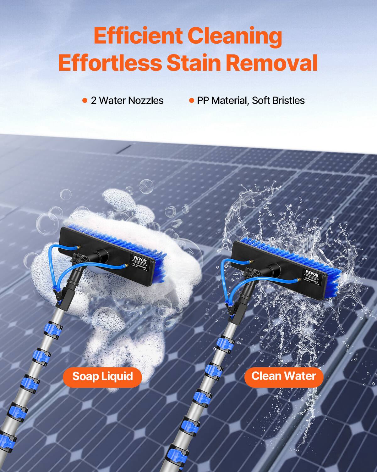 Efficient Cleaning Effortless Stain Removal

- 2 Water Nozzles
- PP Material, Soft Bristles

VEVOR

Soap Liquid
Clean Water