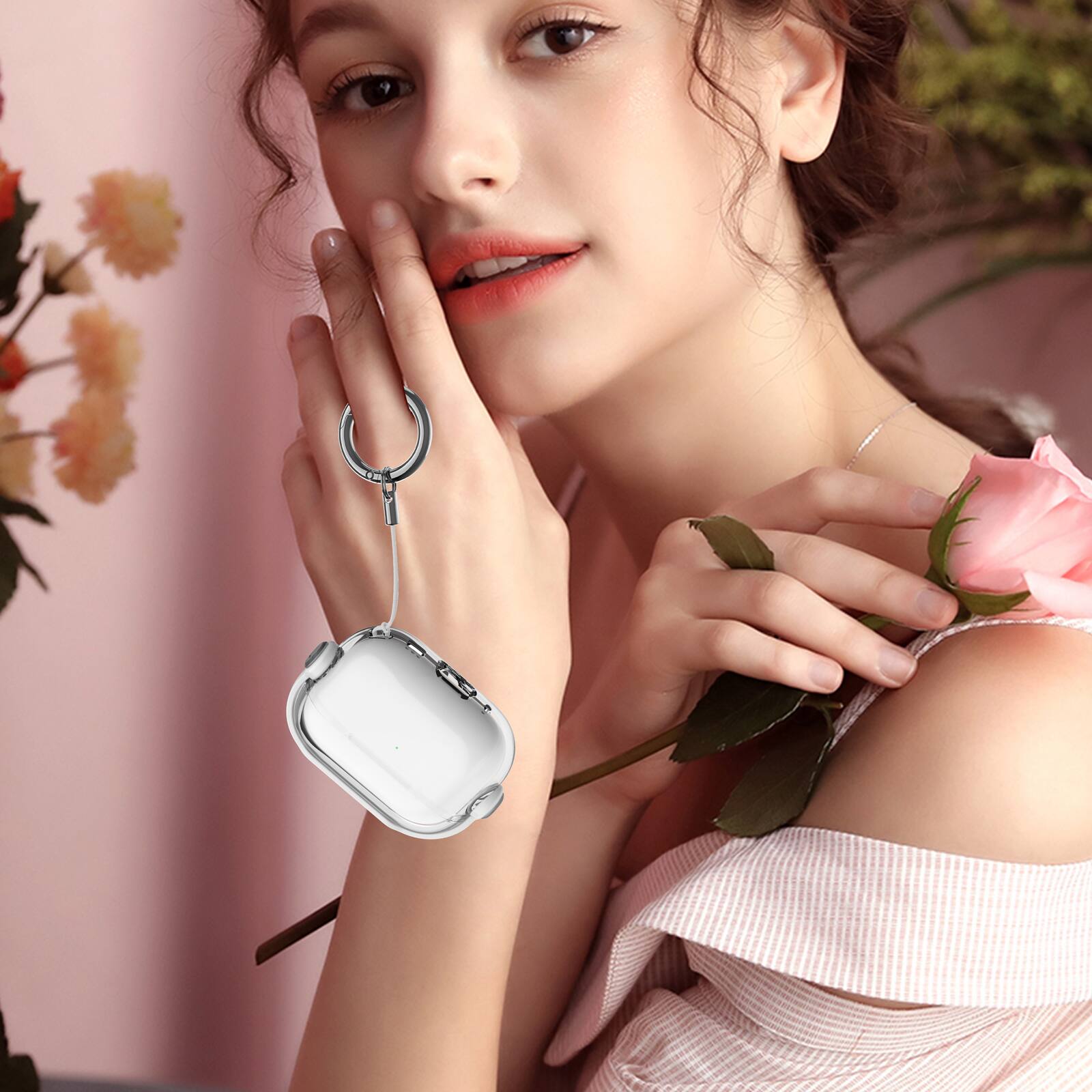Alt View 2. Dteck - For Apple Airpods 4th/5th Gen Slim Fit Clear Kickstand Shockproof Drop Protection Case With Anti-Loss Ring - White.