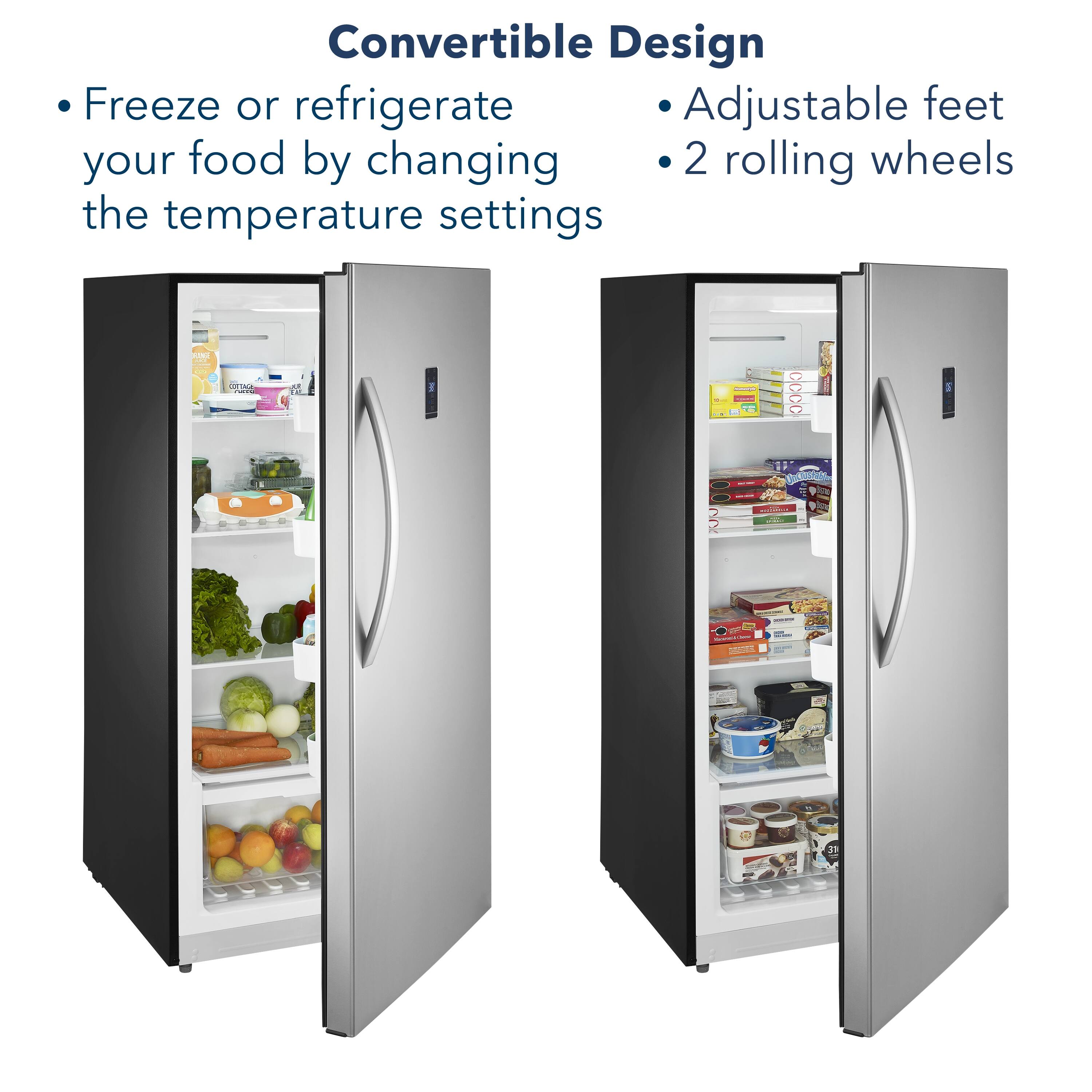 Convertible Design: Freeze or refrigerate your food by changing the temperature settings. Adjustable feet allow you to customize the height of your refrigerator to fit your needs.
