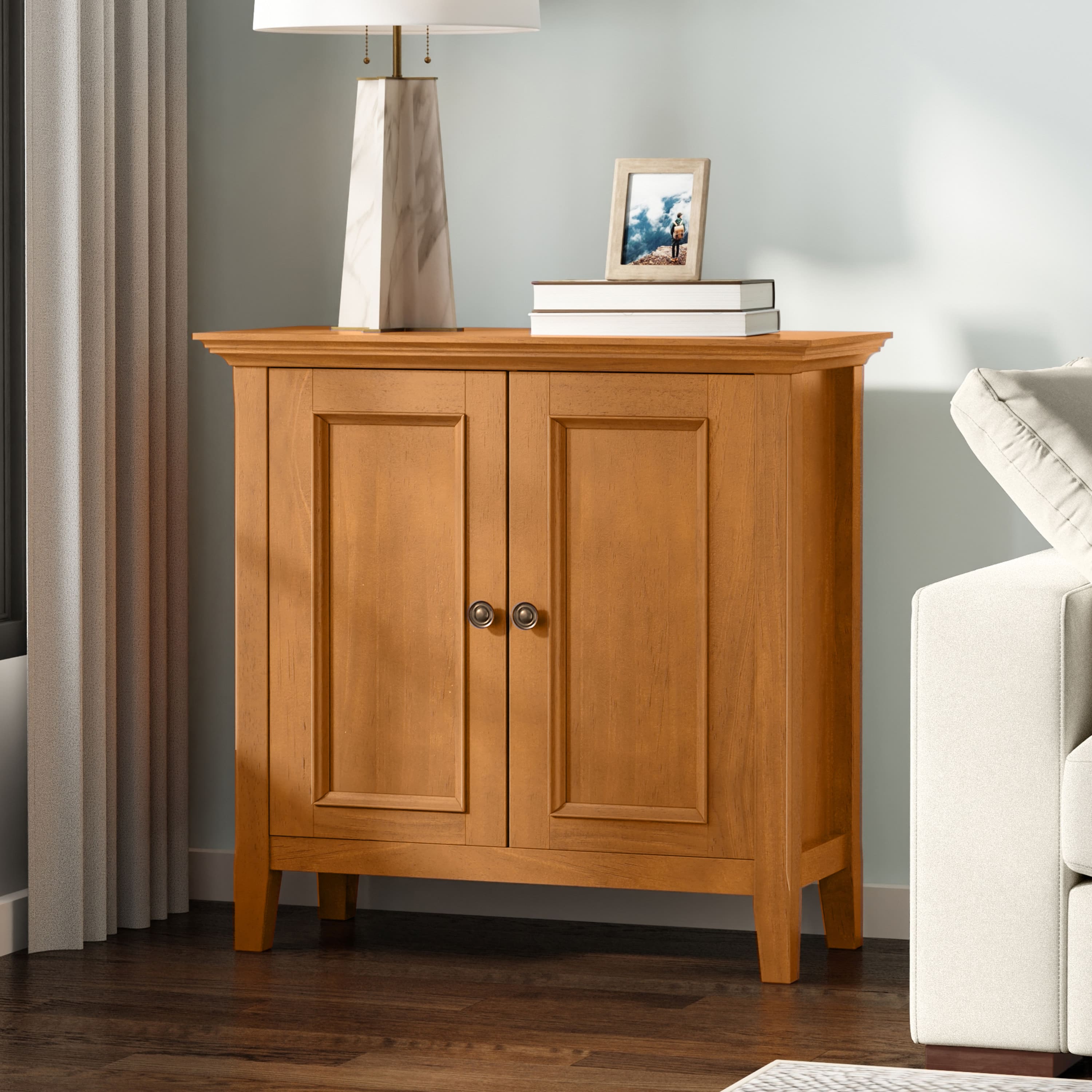 Photos - Display Cabinet / Bookcase Simpli Home Amherst 32 inch Wide Solid Wood Transitional Low Storage Cabinet - Light Golden Brown