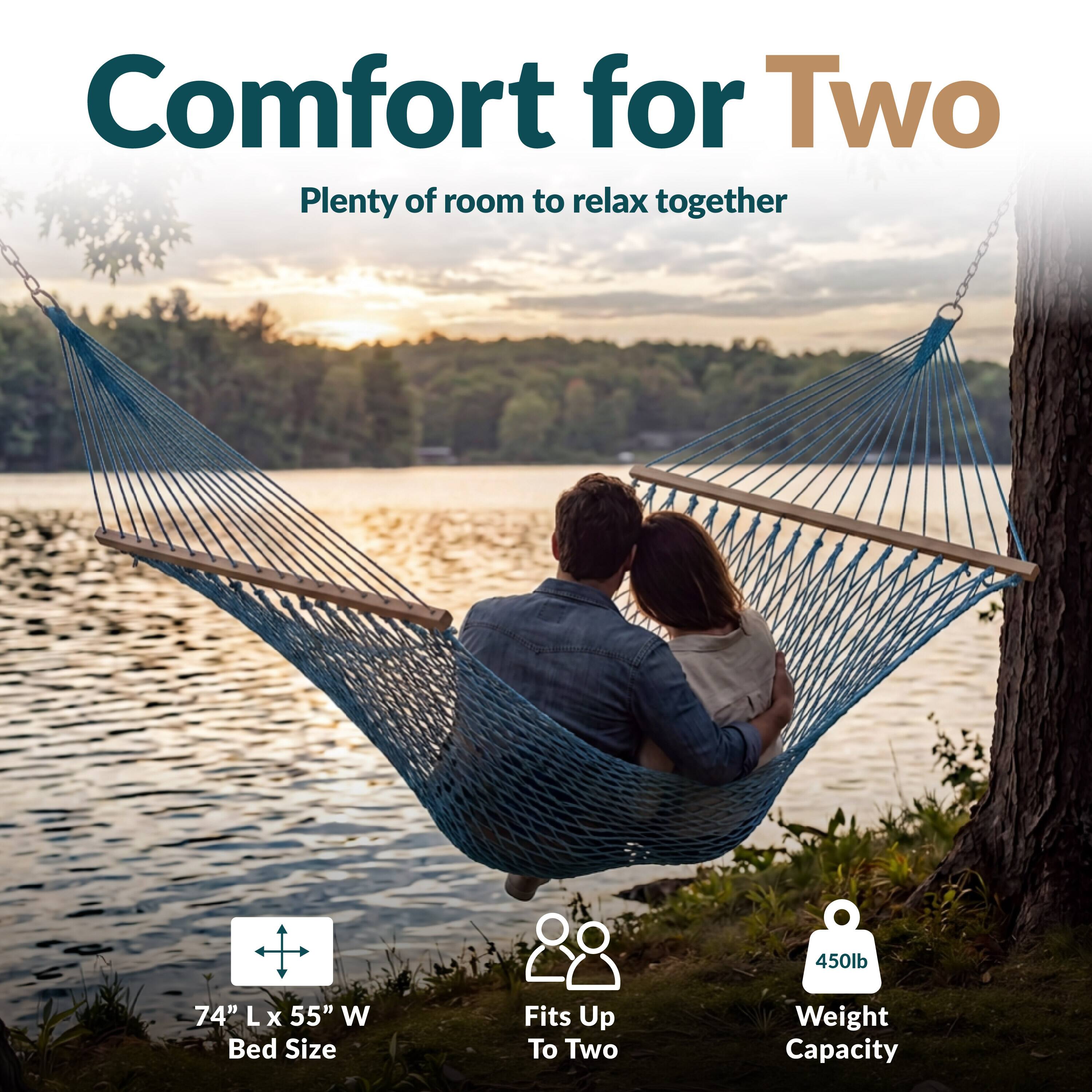 Comfort for Two  
Plenty of room to relax together

450lb  
74" L x 55" W Bed Size  
Fits Up To Two  
Weight Capacity