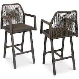 Best Choice Products - Set of 2 Indoor/Outdoor Aluminum, Woven Rope Swivel Barstools w/ Armrests - Brown/Mocha