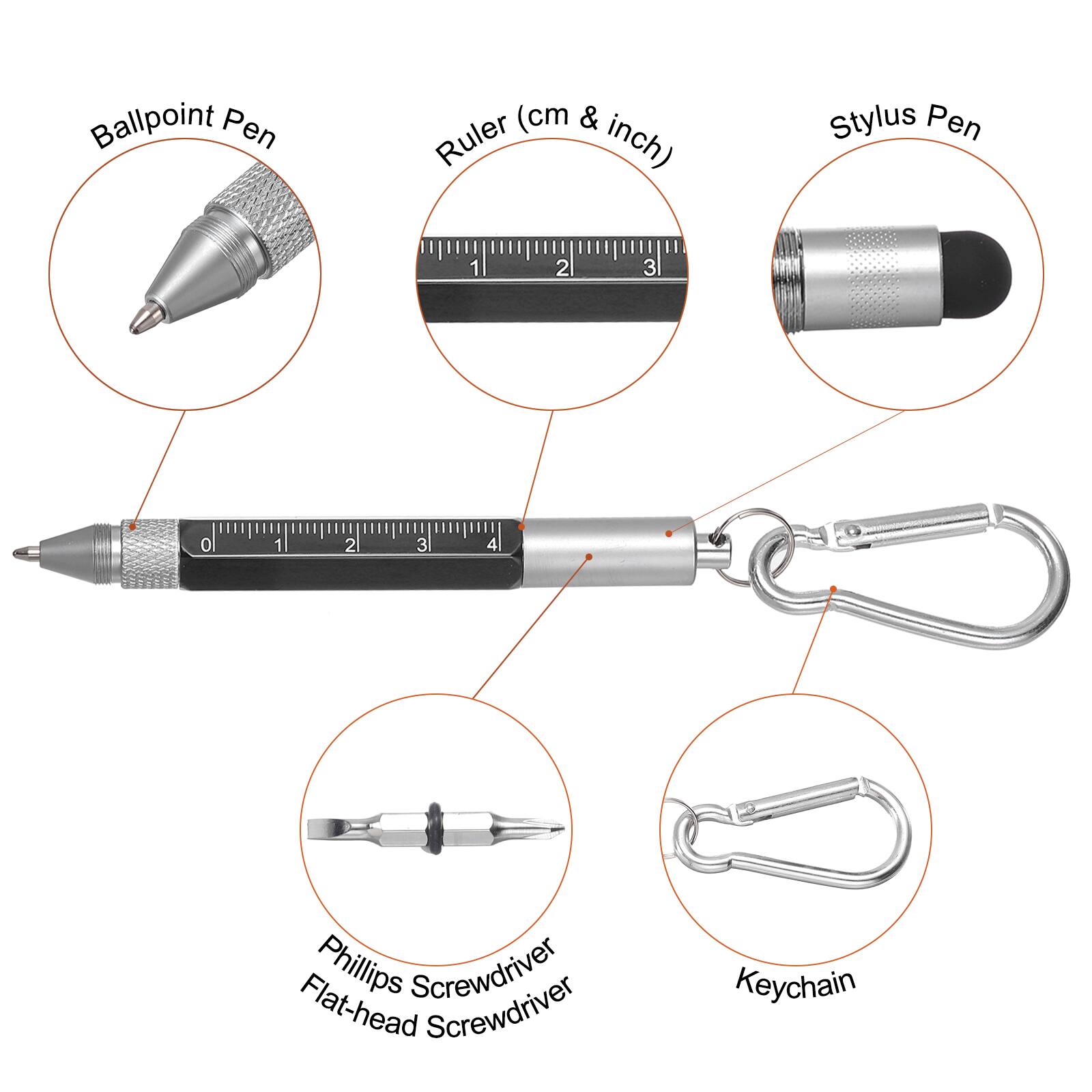 Ballpoint Pen  
Ruler (cm & inch)  
Stylus Pen  
Phillips Screwdriver  
Flat-head Screwdriver  
Keychain