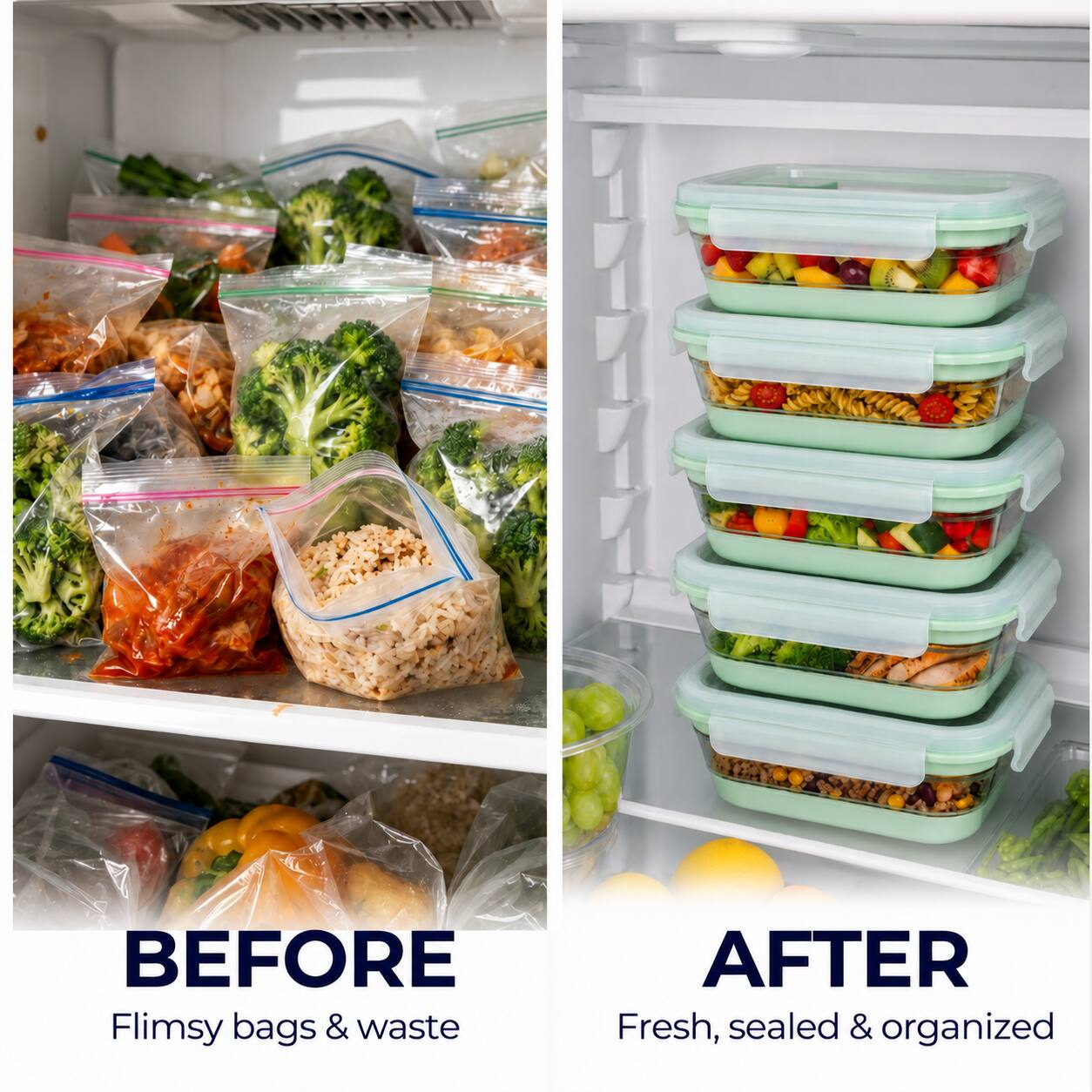 BEFORE  
Flimsy bags & waste

AFTER  
Fresh, sealed & organized