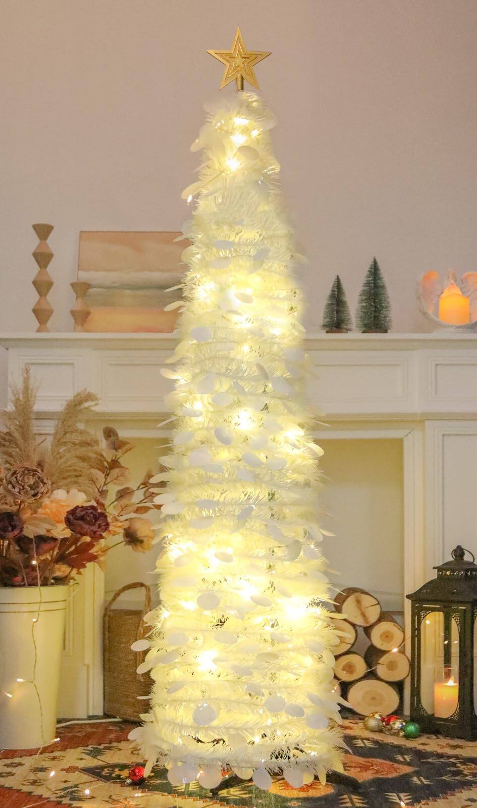 Skar Audio - Pop Up Christmas Tree With Timer Lights Tinsel Collapsible Artificial Pencil For Indoor Home Apartment - White 5ft