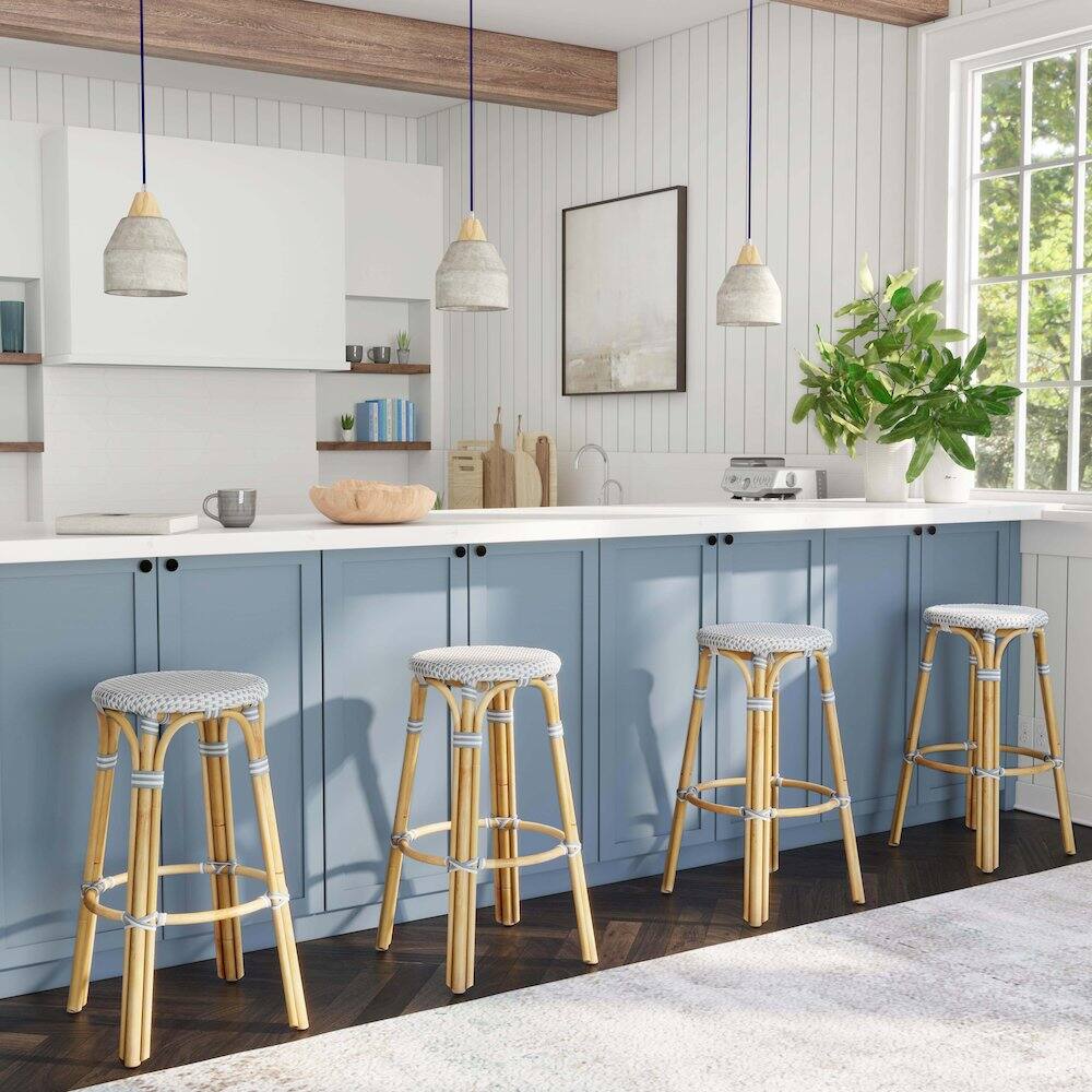Alt View 6. Butler Specialty - Tobias Round Rattan 30" Bar Stool, White and Sky Blue Dot - White And Sky Blue Dot.