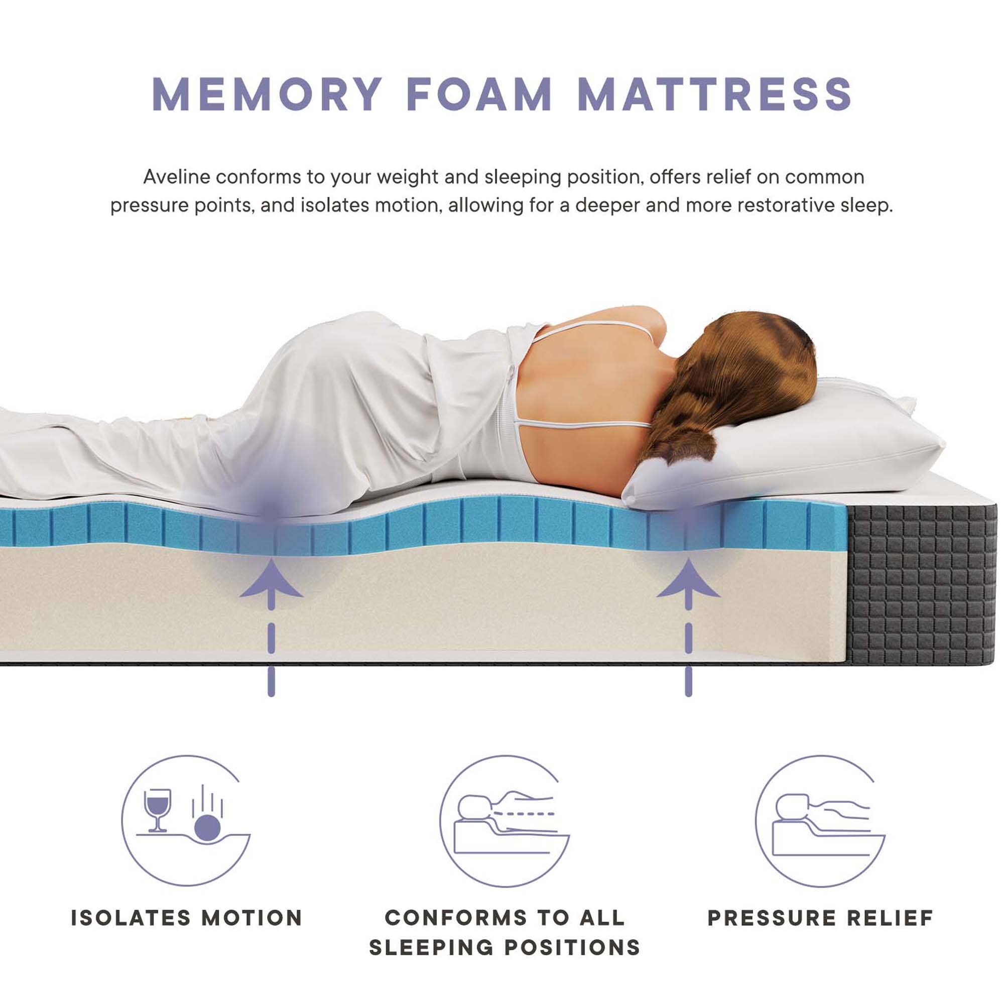 MEMORY FOAM MATTRESS

Aveline conforms to your weight and sleeping position, offers relief on common pressure points, and isolates motion, allowing for a deeper and more restorative sleep.

- ISOLATES MOTION
- CONFORMS TO ALL SLEEPING POSITIONS
- PRESSURE RELIEF