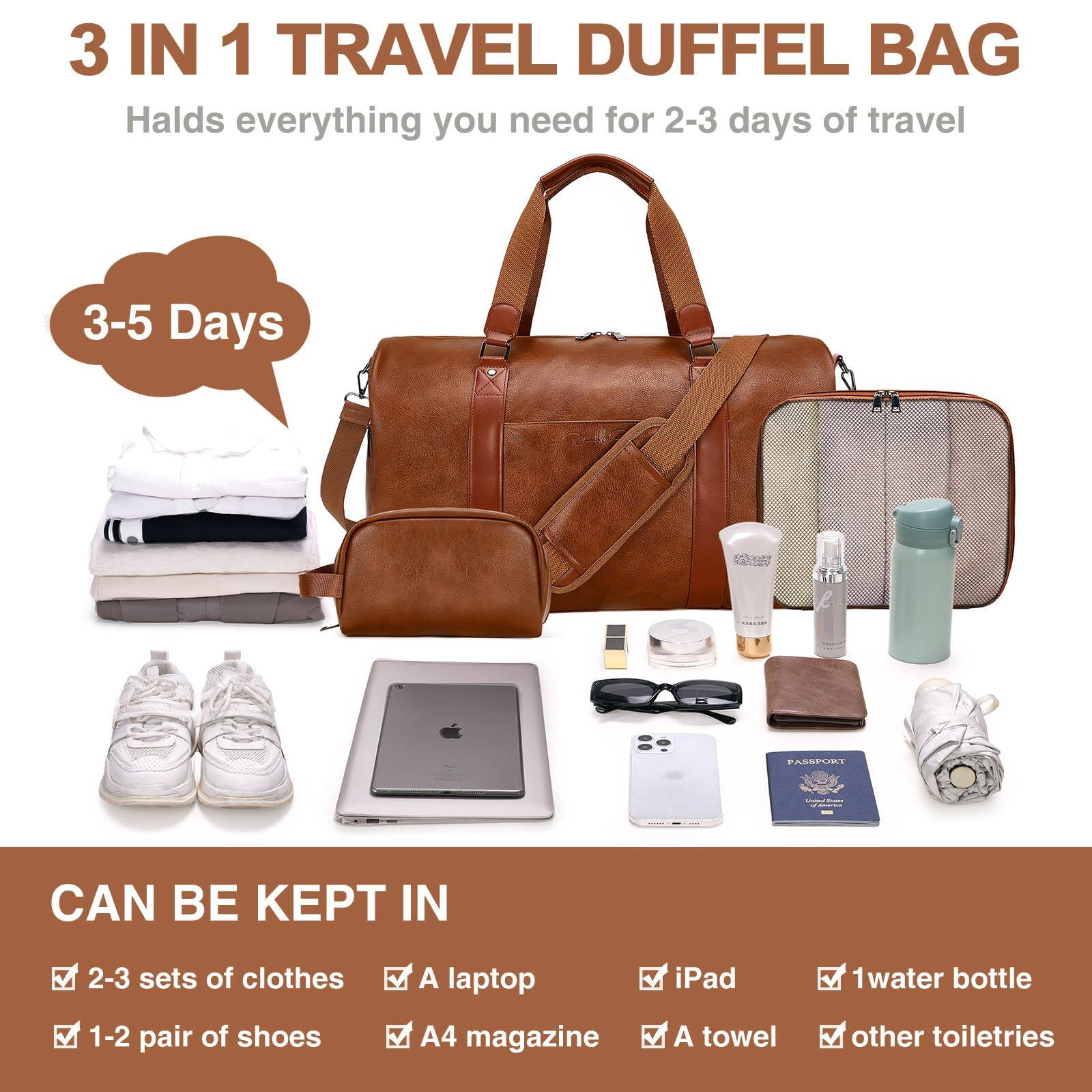 Paradigms Interiors 3 in 1 Leather Duffle Bag For Travel With Toiletry ...