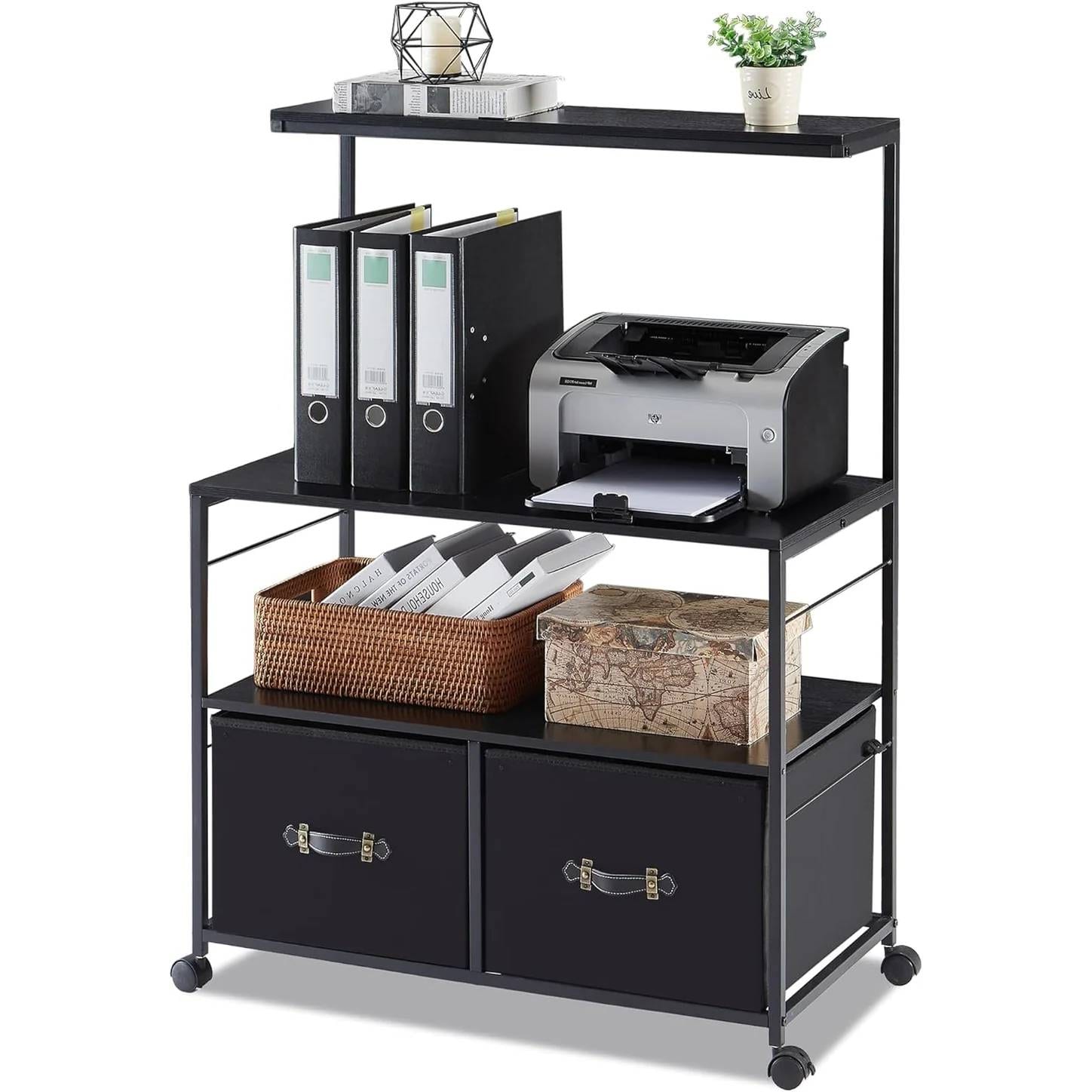 SlickBlue - Metal and Wood Printer Stand File Cabinet with Fabric Storage Drawers - Black