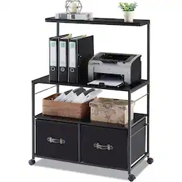 SlickBlue - Metal and Wood Printer Stand File Cabinet with Fabric Storage Drawers - Black