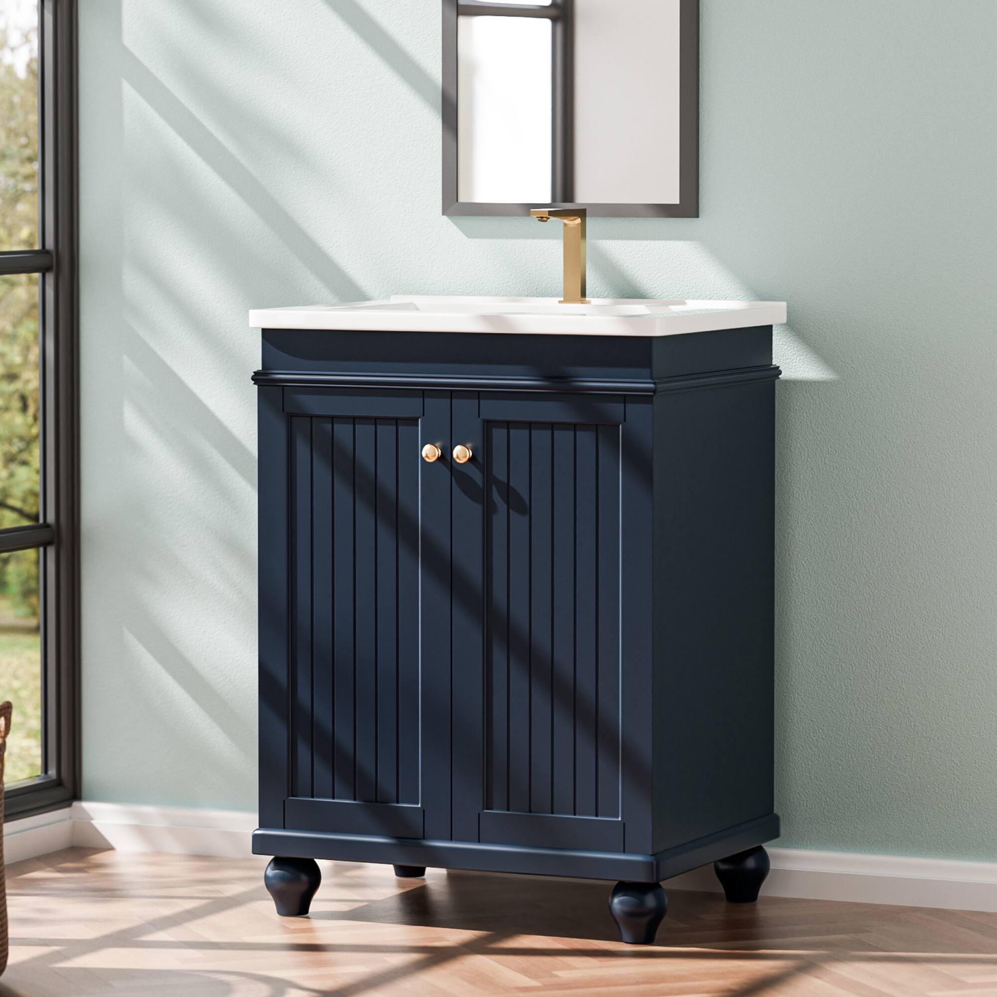 Alt View 7. KERDOM - 24 inch Wide Bathroom Vanity with Ceramic Top Sink Bathroom Organizer Floor Wash Cabinet Roomy Washstand Soft Close Door - Blue.
