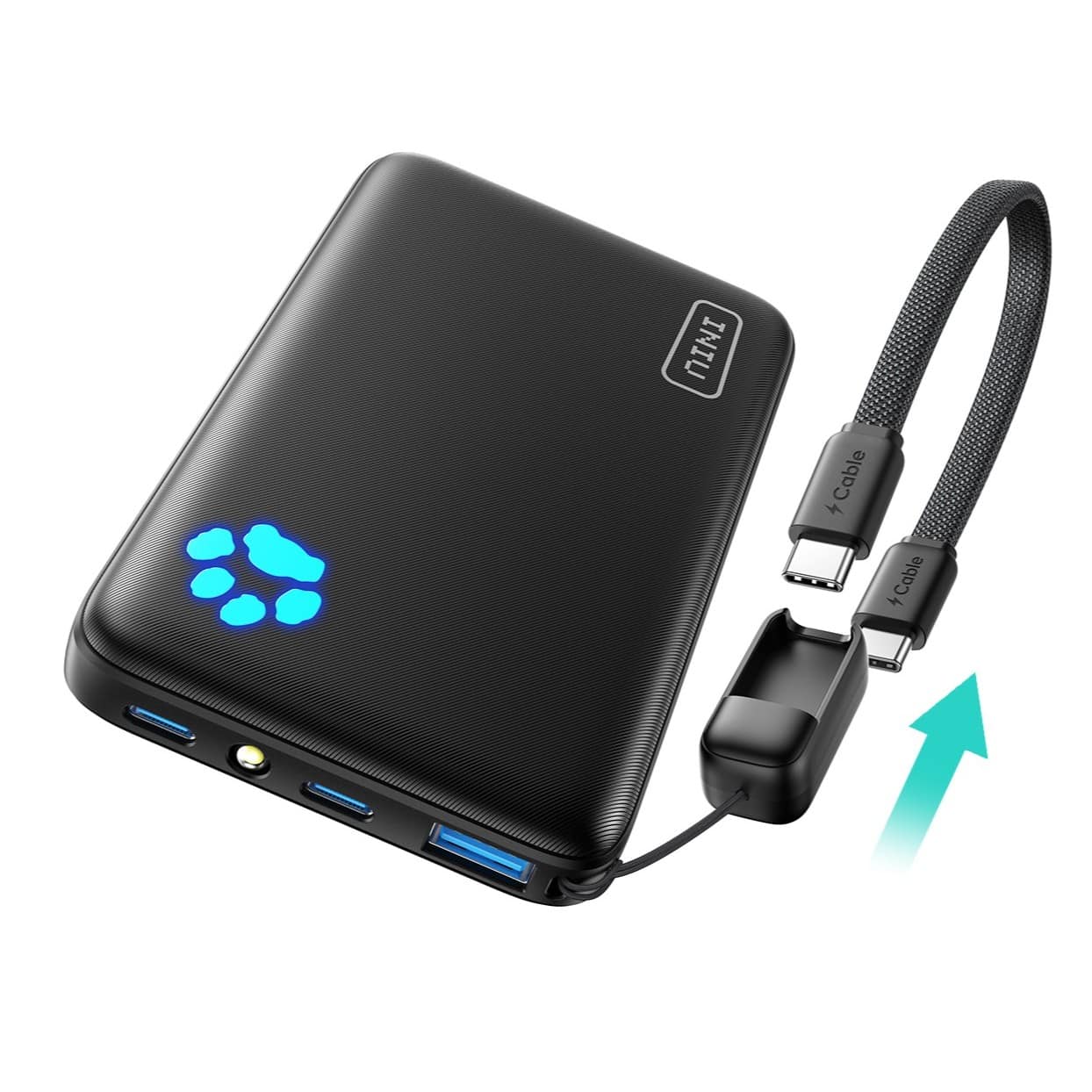 INIU - Portable Charger, Compact 10000mAh PD 45W Power Bank with Lanyard USB-C Cable for iPhone, Samsung, Pixel, iPad etc - Black