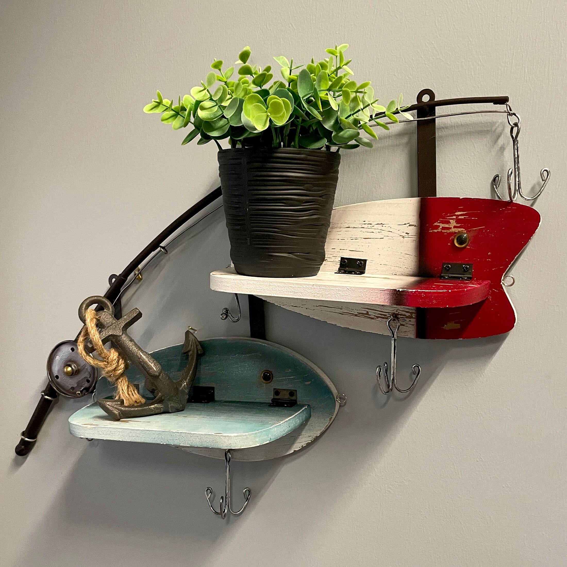 Alt View 3. Zeckos - Fishing Pole Wall Shelf with Two Lure Shelves Rustic Metal Wood Zeckos 24" Decor - Multicolored.