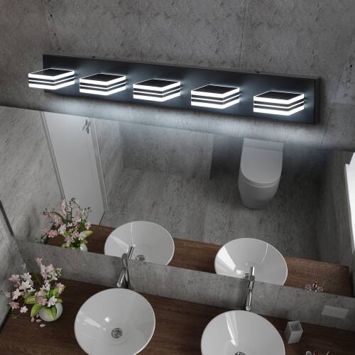 Alt View 1. LUCKY ONE - 32in Wall Mount LED Vanity Light, 5-Light Black Fixture with Square Acrylic Shades for Bathroom - Black.