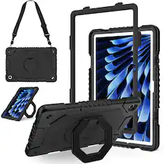 Front. Dteck - Shockproof Case for Samsung Galaxy Tab A11+ 11" 2025 & Tab A9+ 2023 with Strap & 360° Stand,Rugged Cover+Plastic Stylus - Black.