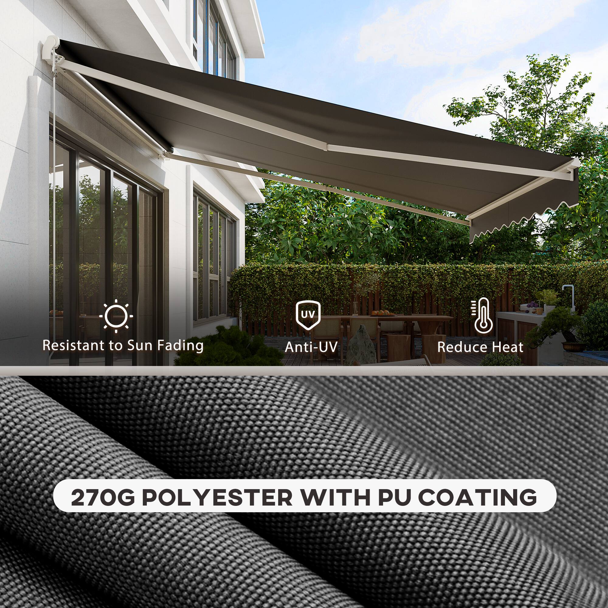 UV Resistant to Sun Fading  
Anti-UV  
Reduce Heat  
270G POLYESTER WITH PU COATING