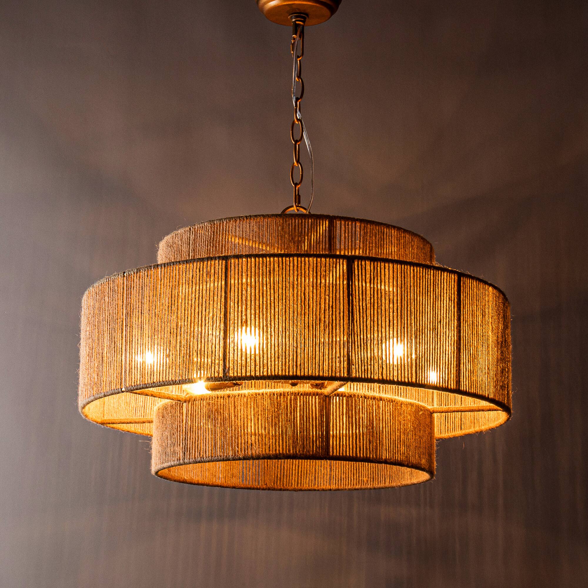 Alt View 1. Parrot Uncle - Bohemian Antique Gold 6-Light Drum Chandeliers  with Natural Rope Shade - Bronze.
