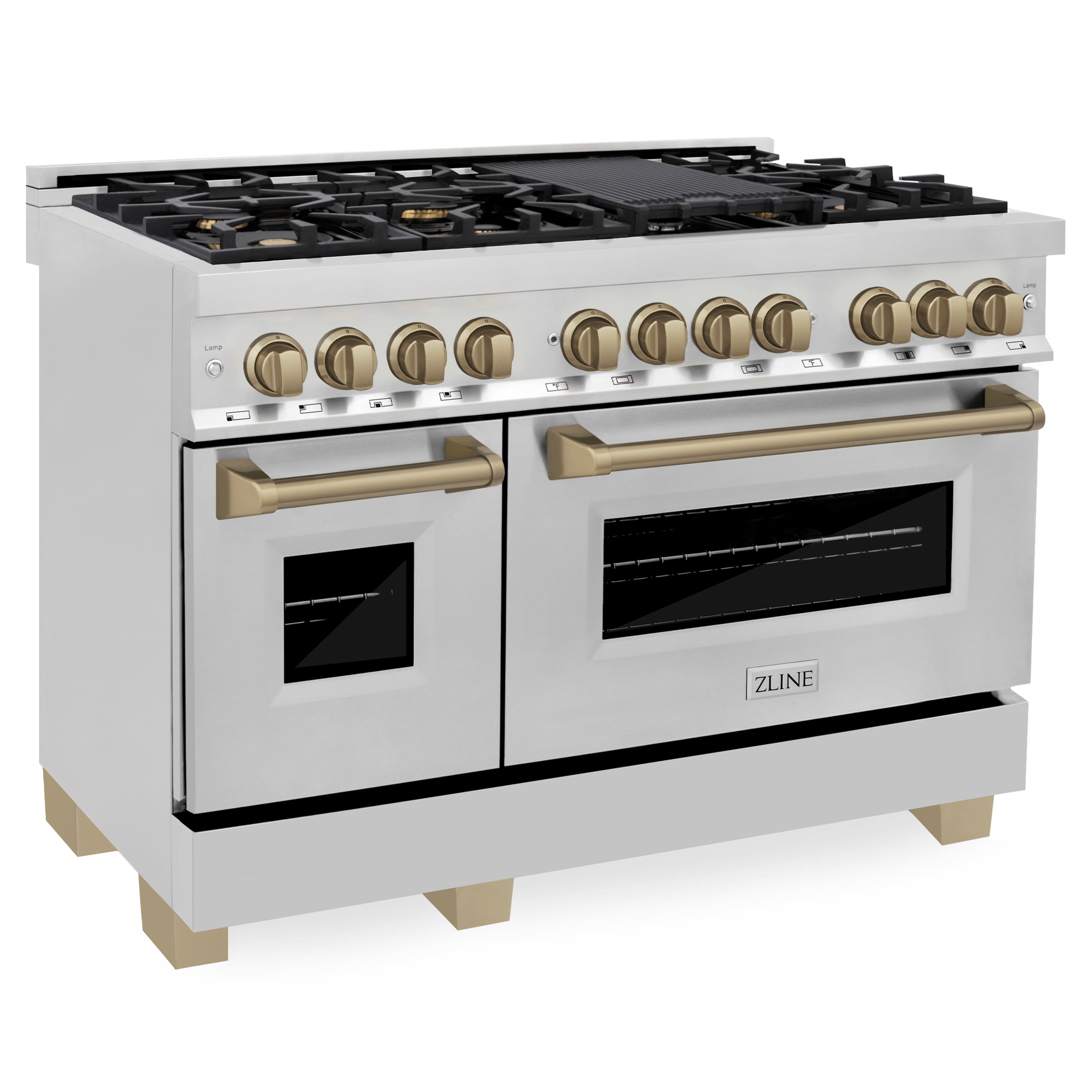 Angle. ZLINE - Autograph 48" Legacy Dual Fuel Range w/ 7 Burners & Champagne Bronze Accents (RAZ-48-CB) - Multicolor.
