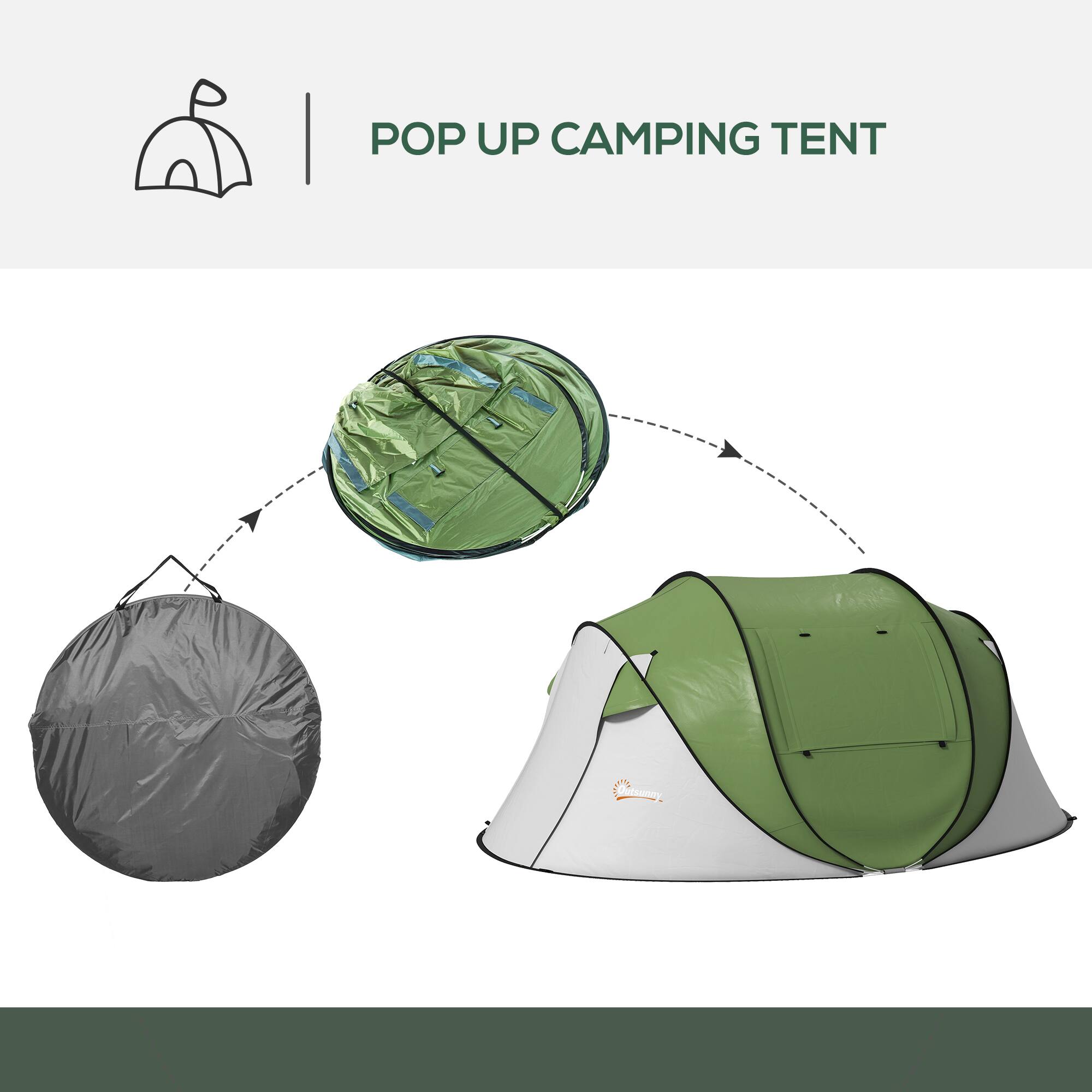 The text on the image is: "POP UP CAMPING TENT."