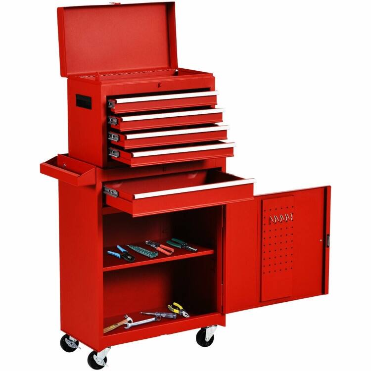 SlickBlue - Mobile Garage Storage Cart with Steel Construction and Lockable Drawers - Red