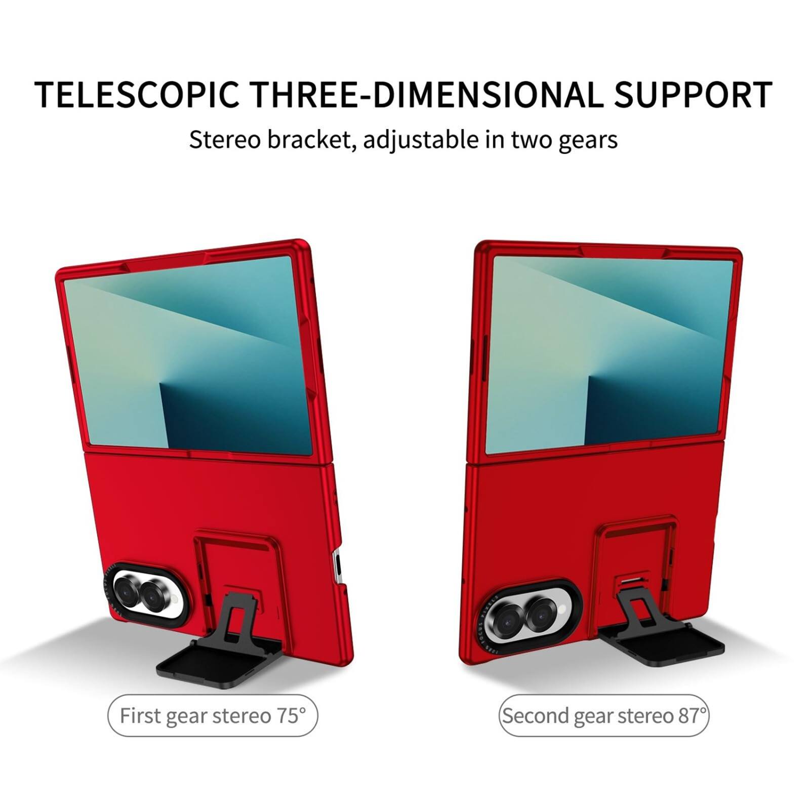 TELESCOPIC THREE-DIMENSIONAL SUPPORT  
Stereo bracket, adjustable in two gears  

First gear stereo 75°  
Second gear stereo 87°