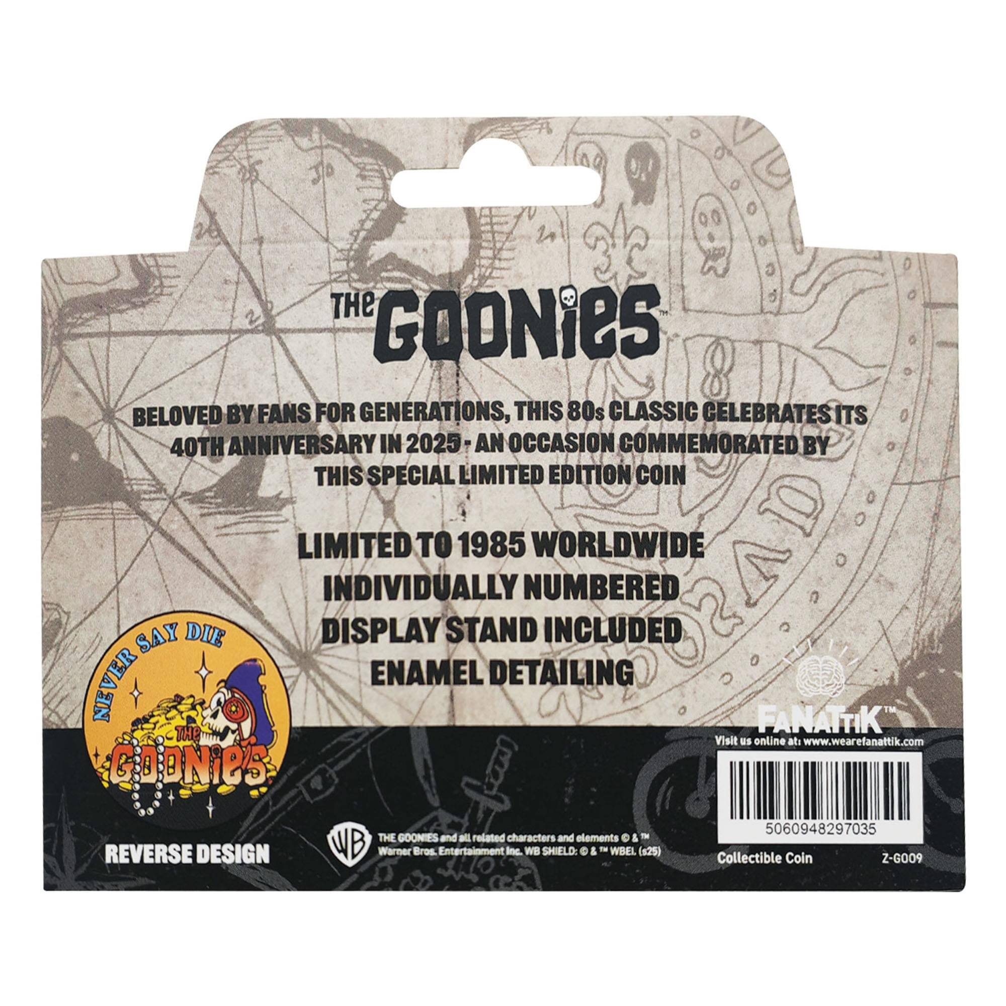 The Goonies, beloved by fans for generations, this 80s classic celebrates its 40th anniversary in 2025. An occasion commemorated by this special limited edition coin, limited to 1985 worldwide, individually numbered, display stand included, enamel detailing. 

Visit us online at: www.wearefanattik.com

The Goonies and related characters and elements © & ™ Warner Bros. Entertainment Inc. WB Shield: © & ™ WBEL (s25) Collectible Coin Z-G009