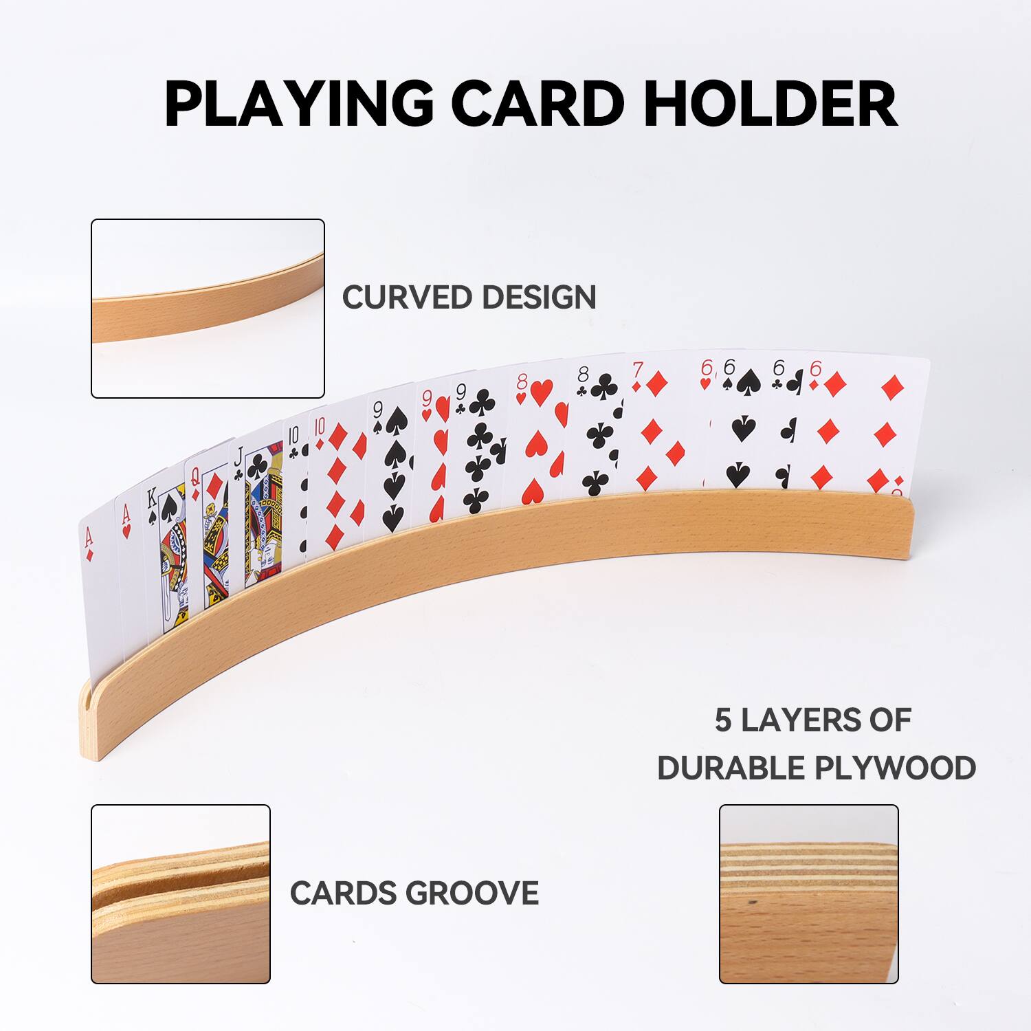 PLAYING CARD HOLDER, CURVED DESIGN, 5 LAYERS OF DURABLE PLYWOOD, CARDS GROOVE