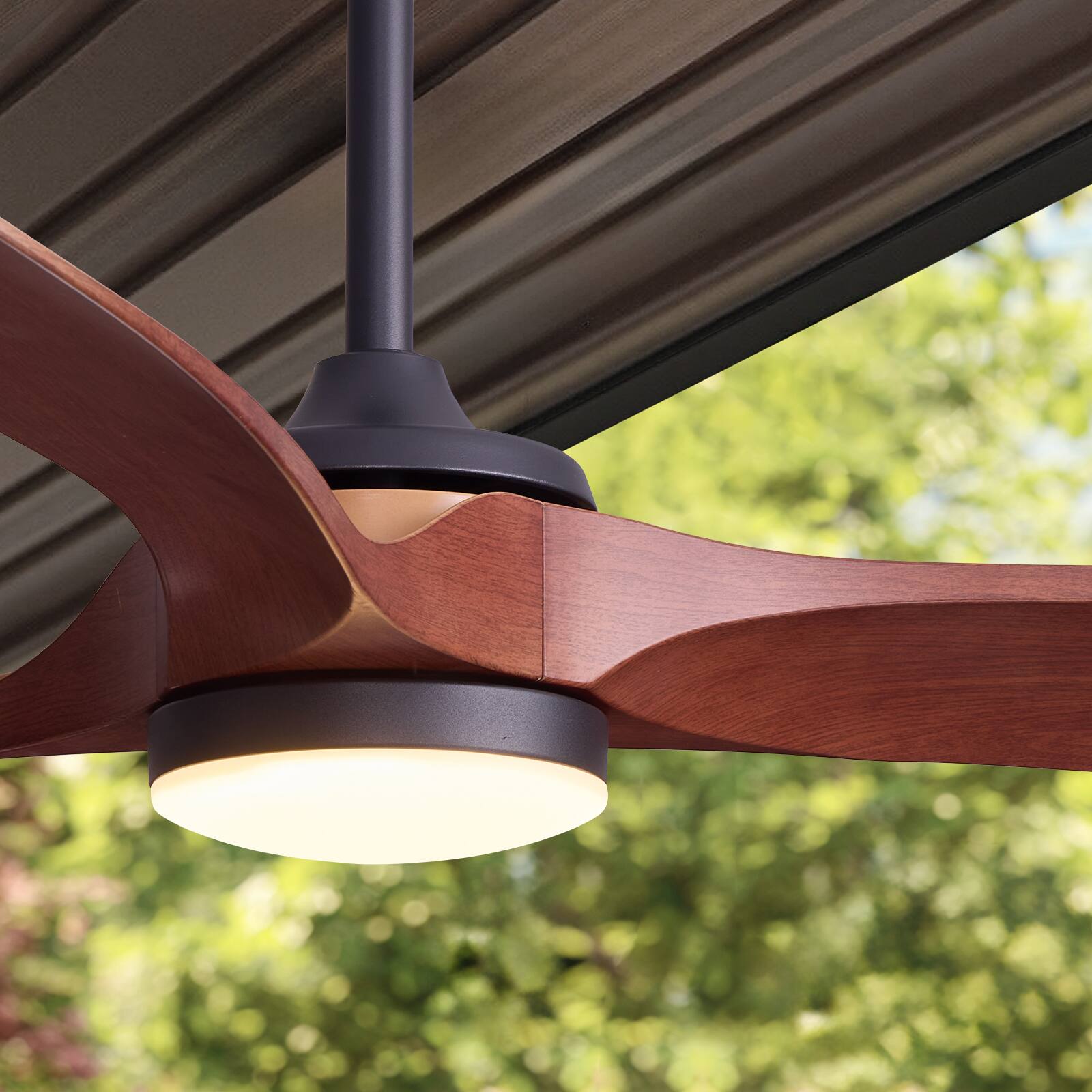 Alt View 1. Siljoy - 52 Inch 3-Blade Red Brown Solid Wood Ceiling Fan with LED Light, Remote & App Control for Bedroom Living Room - BROWN.