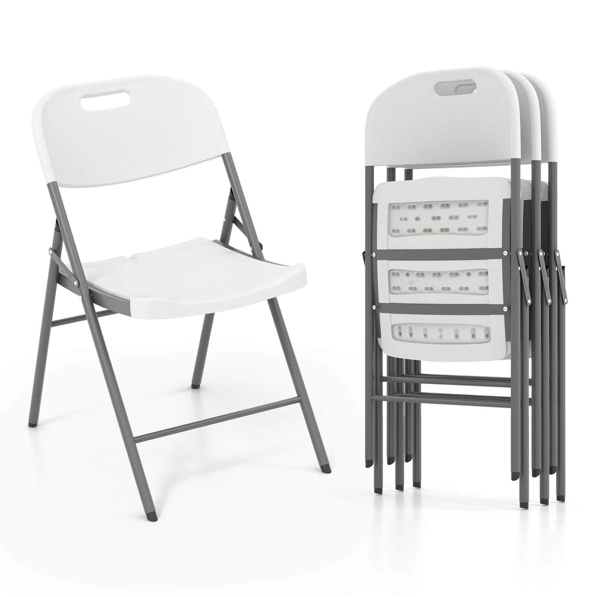 Front. Costway - Costway Folding Chairs Set of 4 HDPE Plastic Chairs with Metal Frame for Home Office - White.