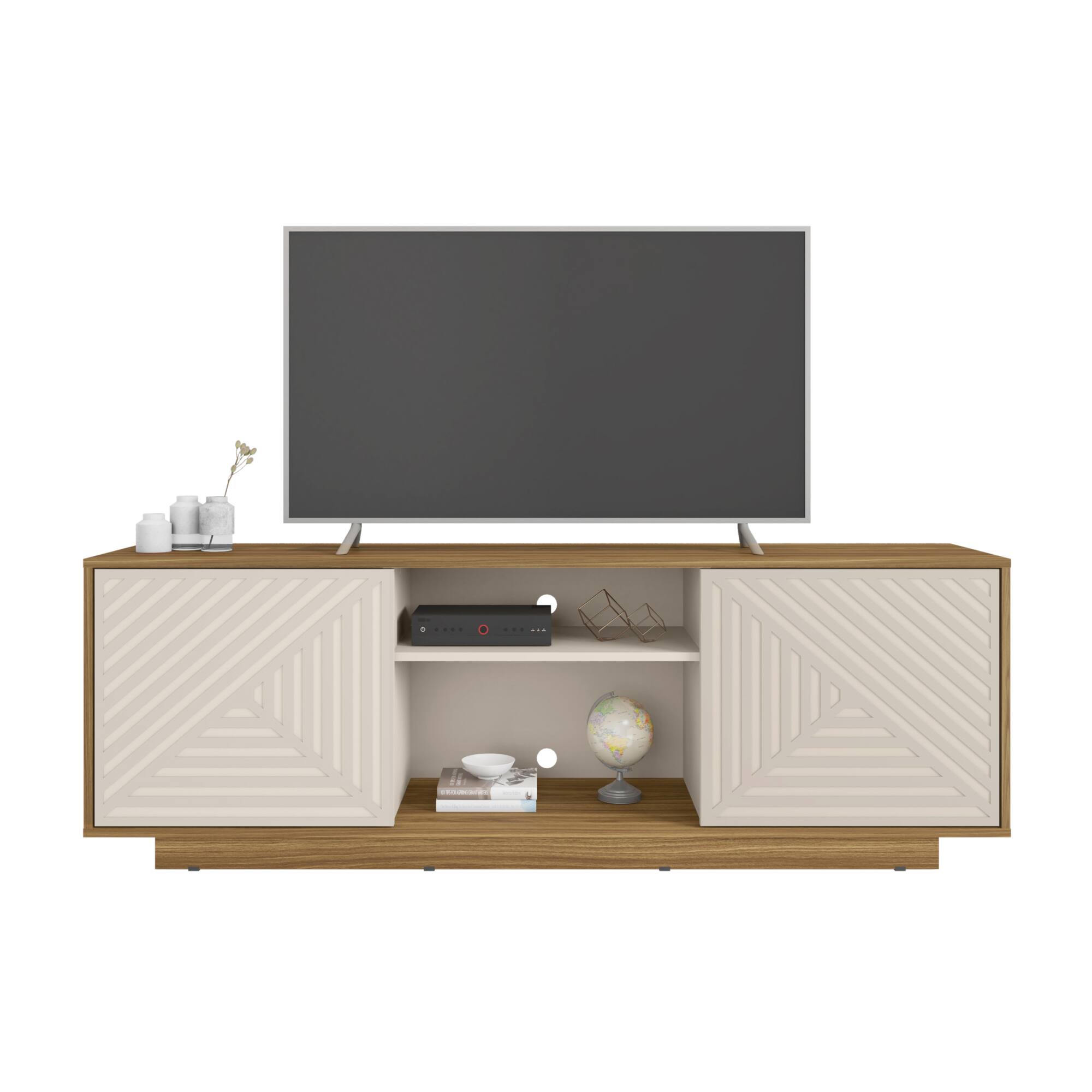 Alt View 5. GOODSILO - Modern TV Stand with Hidden Storage and Open Shelving for Screens Up to 70 Inches - Oak Natural Wood + Antique White.