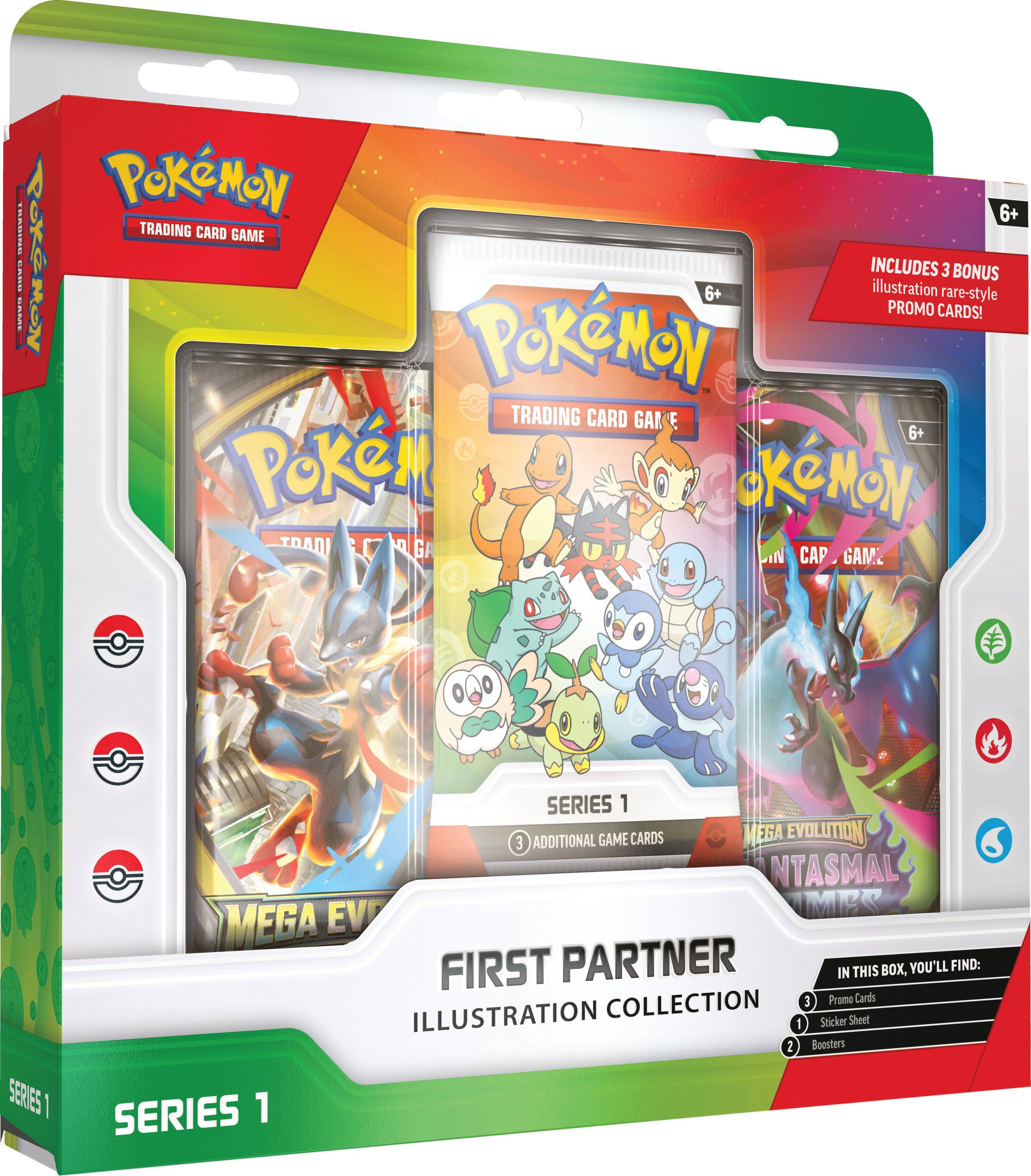Pokémon 6+ | TRADING CARD GAME  
INCLUDES 3 BONUS illustration rare-style PROMO CARDS!  
FIRST PARTNER ILLUSTRATION COLLECTION  
SERIES 1  
3 ADDITIONAL GAME CARDS  
MEGA EVOLUTION  
IN THIS BOX, YOU'LL FIND:  
1. Promo Cards  
2. Sticker Sheet  
3. Boosters